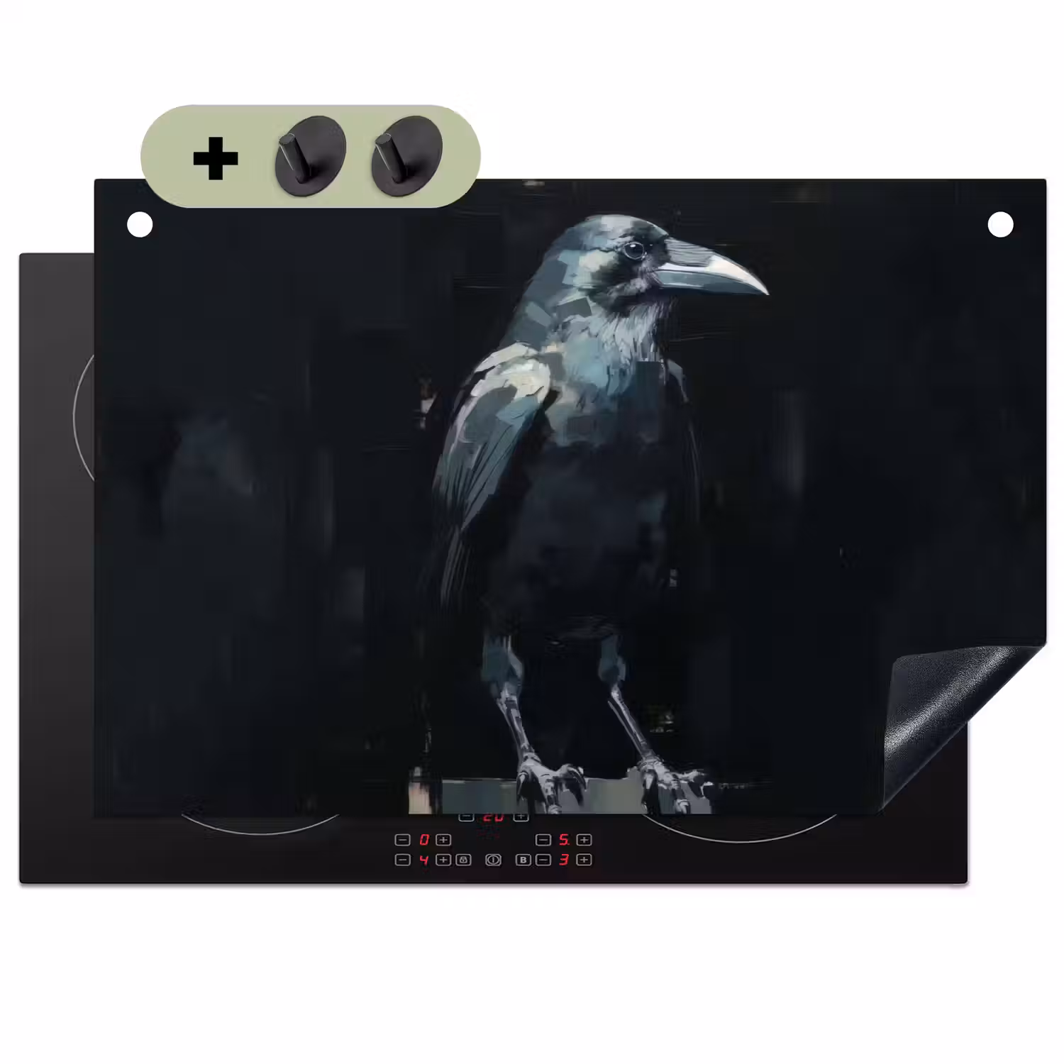 Raaf - Vogels - Zwart Inductie beschemer met haakjes klein -3d