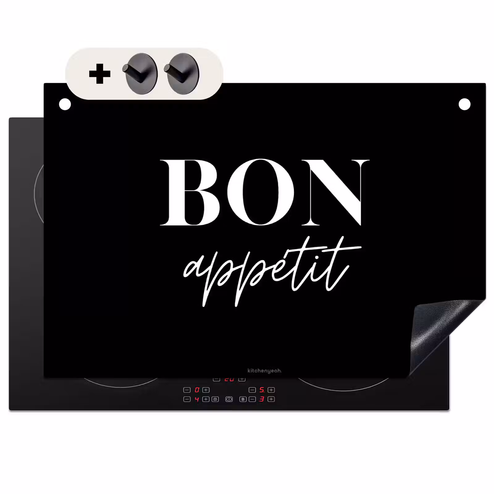 2-in-1 Herdabdeckplatte & Spritzschutz - Schwarz - Zitat - Guten Appetit - Zwart - Quote - Bon appétit Inductie beschemer met haakjes klein