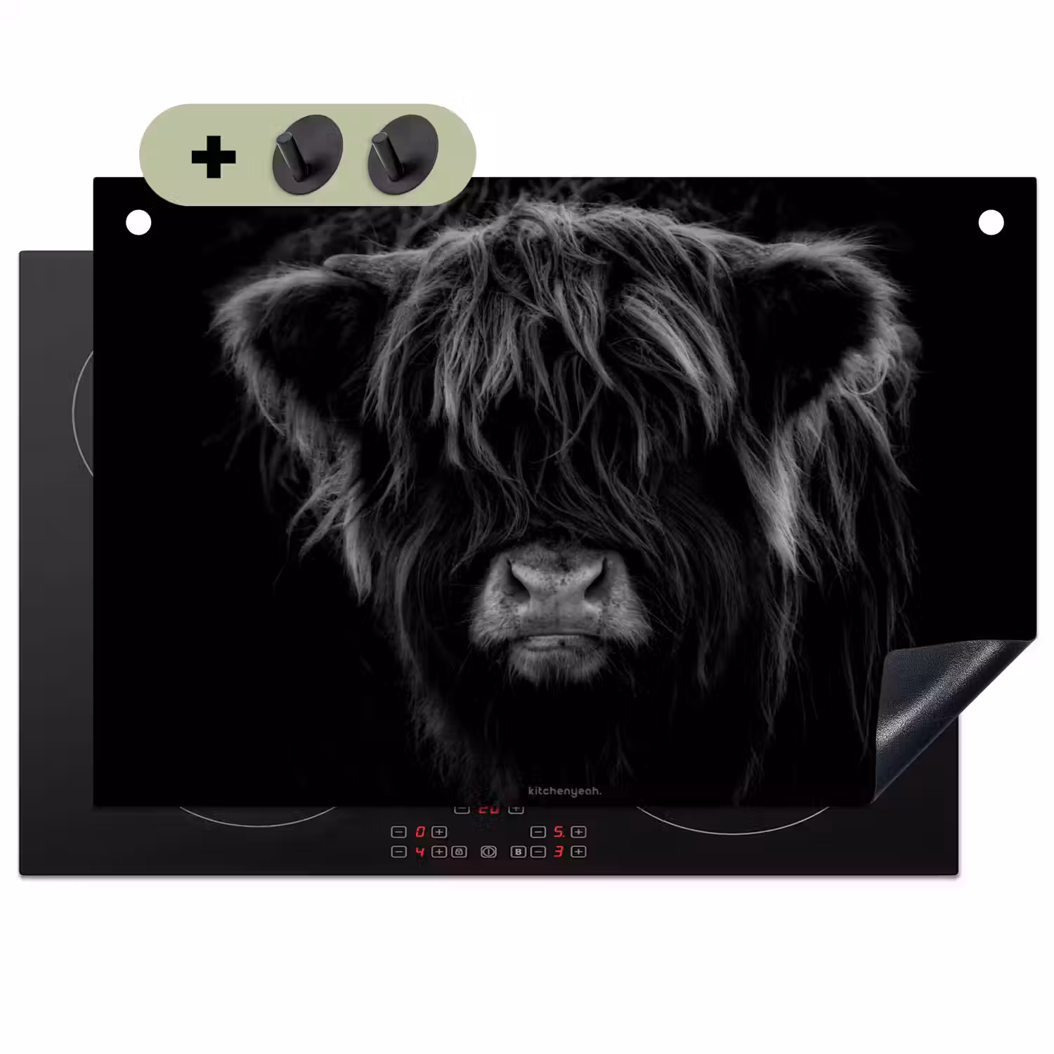 Schotse hooglander - Zwart Inductie beschemer met haakjes klein -3d