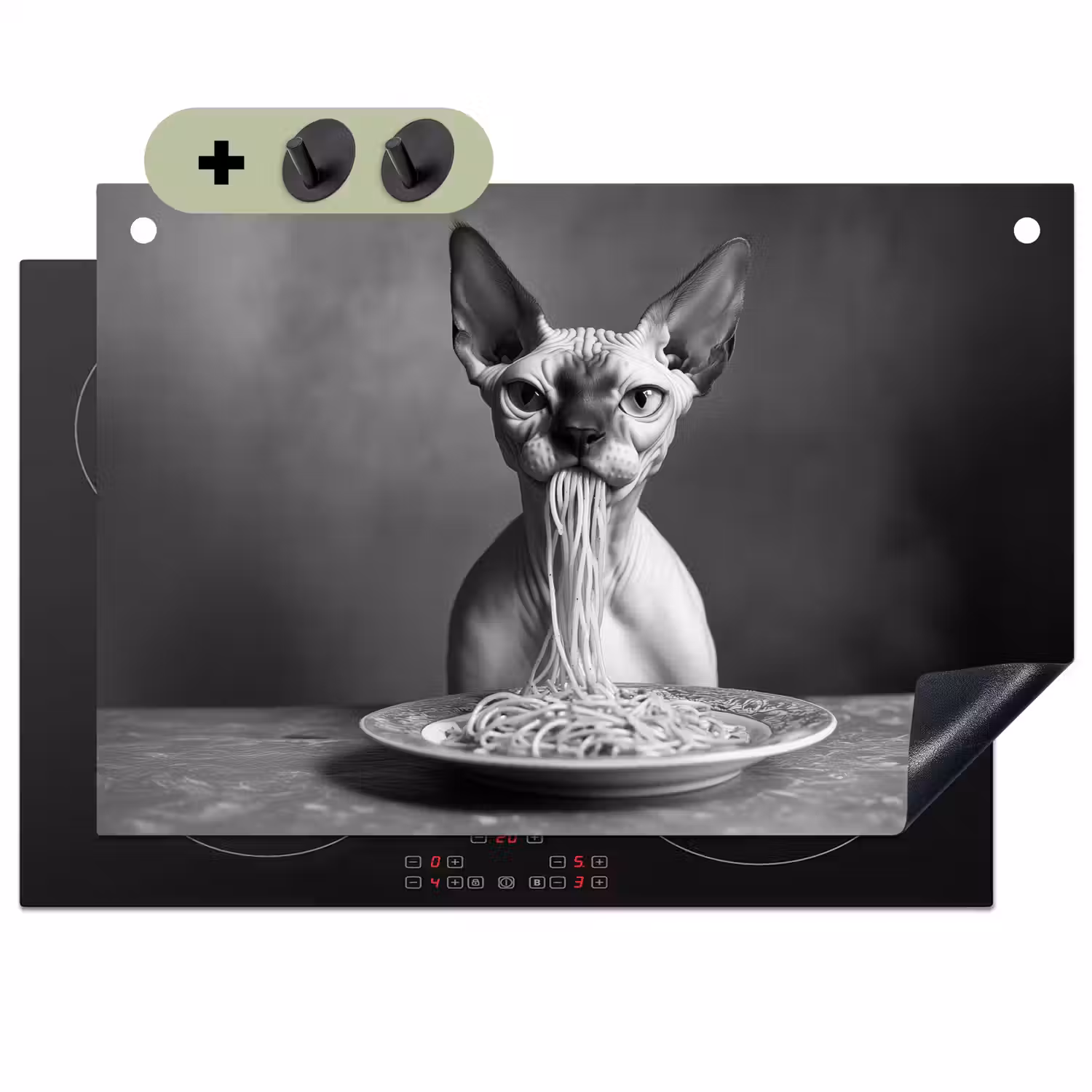 Sphynx - Kat - Dieren - Humor - Spaghetti - Zwart Wit Inductie beschemer met haakjes klein -3d