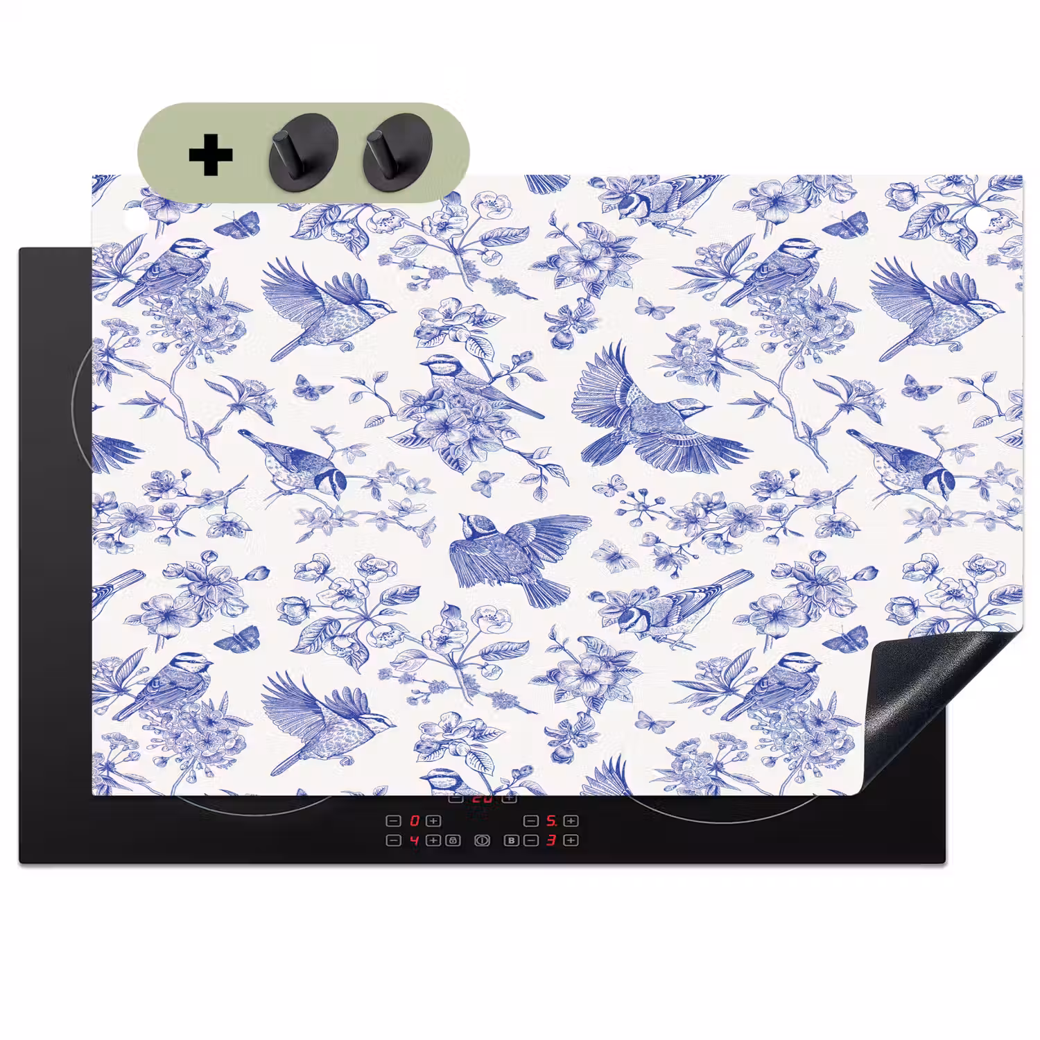 Birds - Flowers - Blue Inductie beschemer met haakjes klein 777 -3d