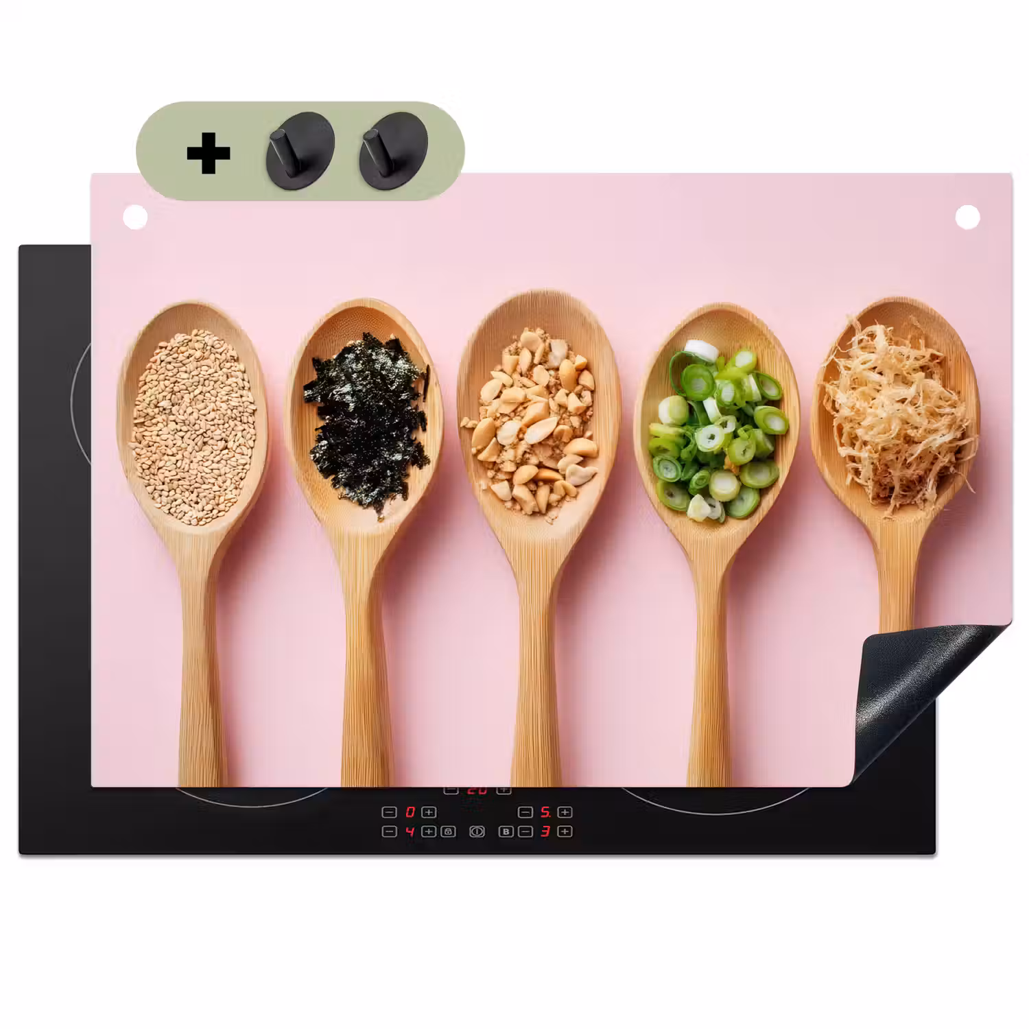 Ingrediënten - Lepels - Hout - Roze Inductie beschemer met haakjes klein -3d
