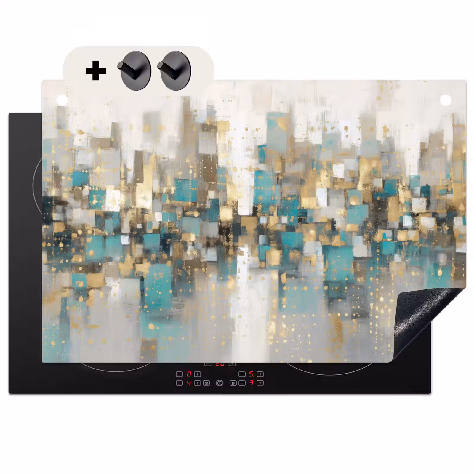 2-in-1 Herdabdeckplatte & Spritzschutz - Abstrakt - Blöcke - Gold - Skyline - Abstract - Blokken - Goud - Skyline Inductie beschemer met haakjes klein