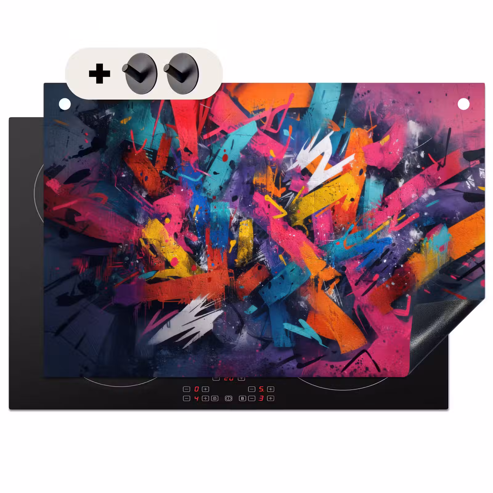2-in-1 Herdabdeckplatte & Spritzschutz - Abstrakt - Explosion - Neonfarben - Abstract - Explosie - Neonkleuren Inductie beschemer met haakjes klein