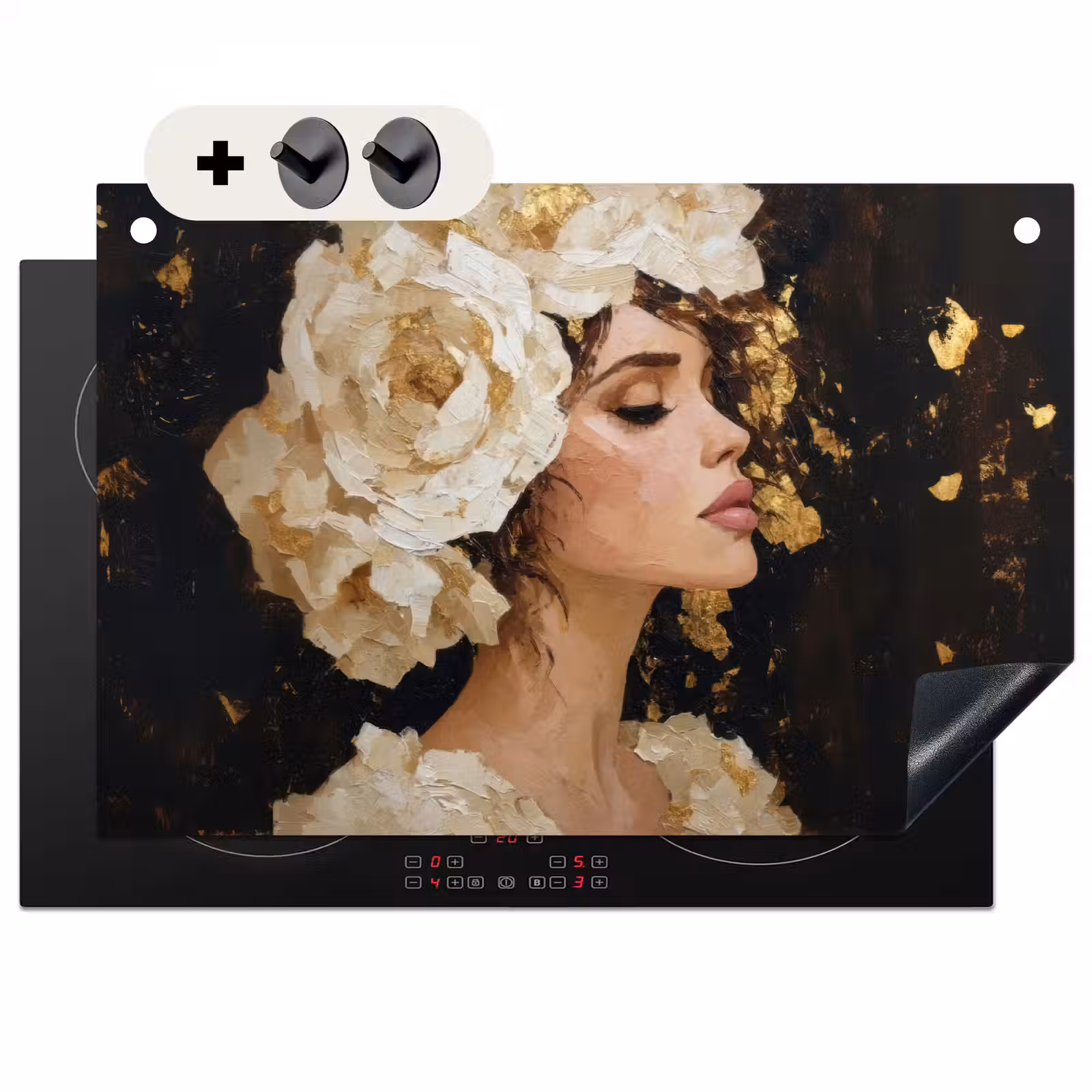 2-in-1 Herdabdeckplatte & Spritzschutz - Abstrakt - Frau - Blumen - Weiß - Abstract - Vrouw - Bloemen - Wit Inductie beschemer met haakjes klein