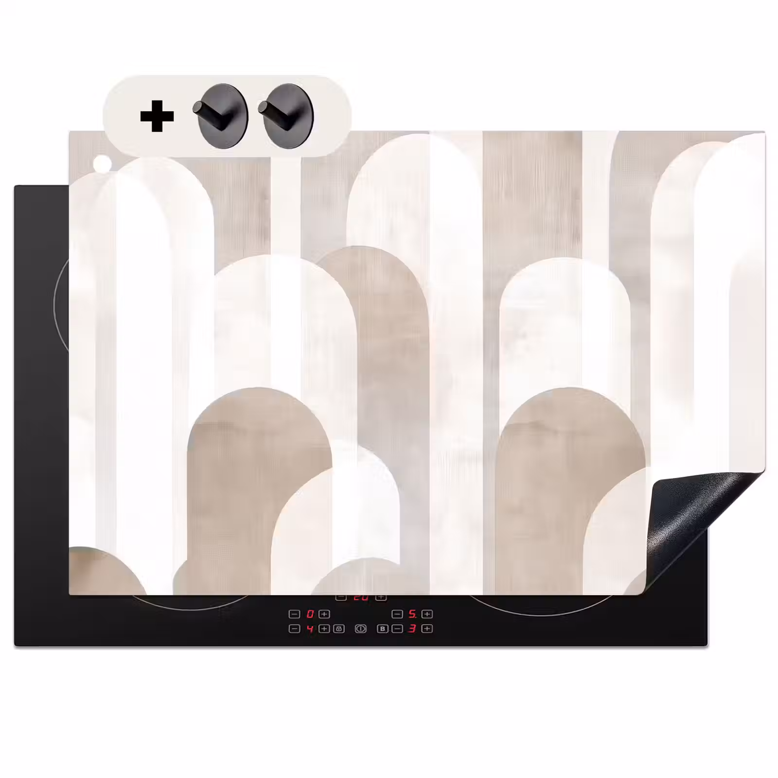 2-in-1 Herdabdeckplatte & Spritzschutz - Abstrakte Bögen - Modern - Beige - Abstracte bogen - Modern - Beige Inductie beschemer met haakjes klein