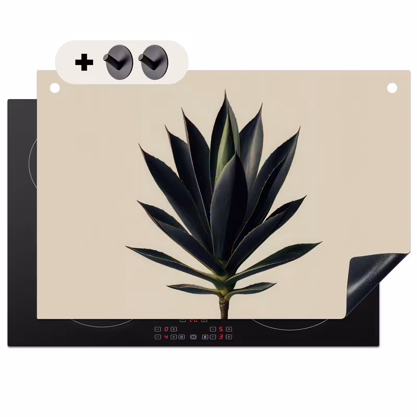 2-in-1 Herdabdeckplatte & Spritzschutz - Agavenpflanze - Symmetrisch - Grün - Agaveplant - Symmetrisch - Groen Inductie beschemer met haakjes klein