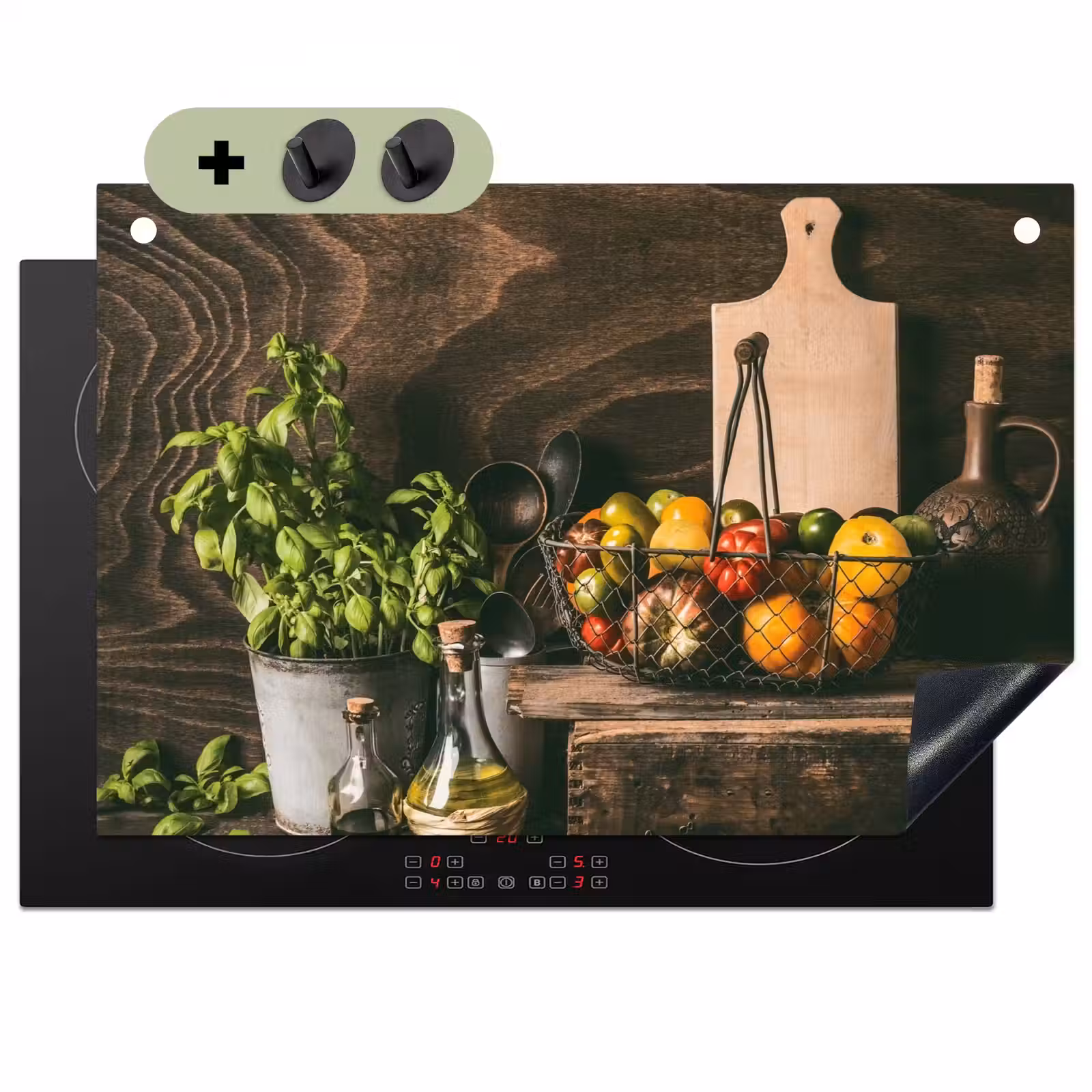 2-in-1 Herdabdeckplatte & Spritzschutz - Aromen der mediterranen Küche - Aroma's van het Mediterrane Keuken Inductie beschemer met haakjes klein