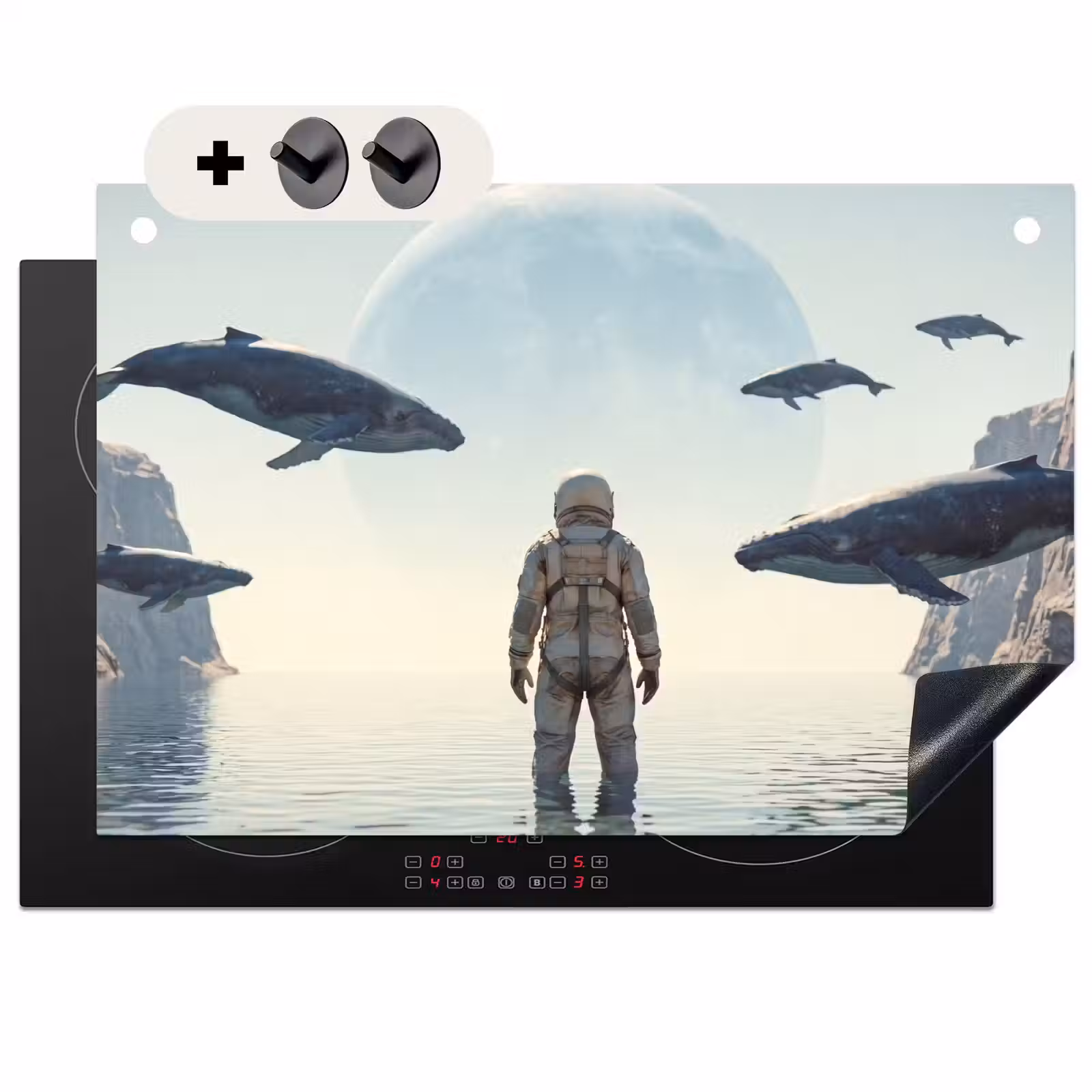 2-in-1 Herdabdeckplatte & Spritzschutz - Astronaut – Wal – Fantasie - Ruimtevaarder - Walvis - Fantasie Inductie beschemer met haakjes klein