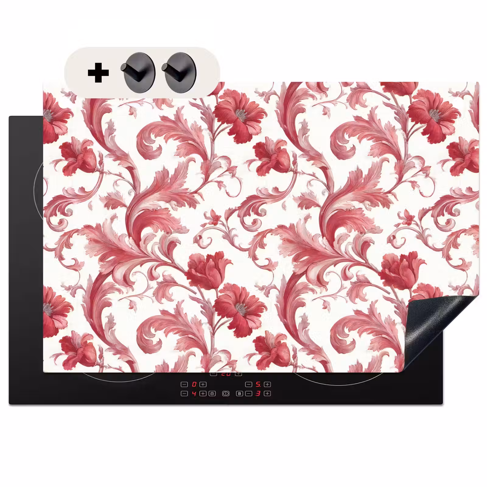 2-in-1 Herdabdeckplatte & Spritzschutz - Barock - Muster - Rot - Barok - Patroon - Rood Inductie beschemer met haakjes klein 777