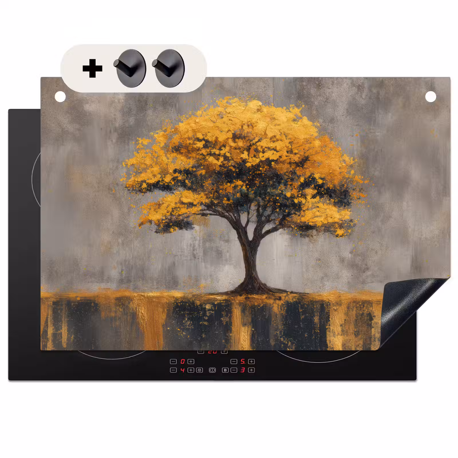 2-in-1 Herdabdeckplatte & Spritzschutz - Baum - Blätter - Gold - Abstrakt - Boom - Bladeren - Goud - Abstract Inductie beschemer met haakjes klein