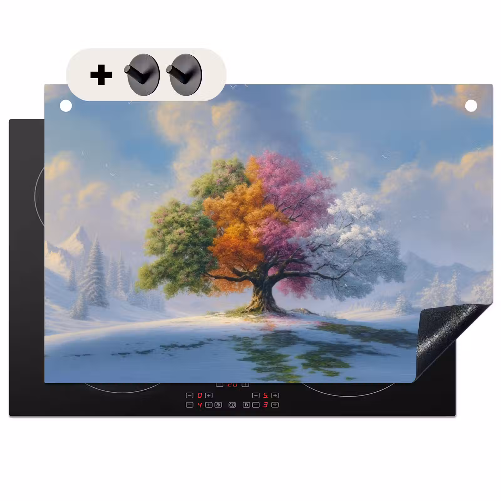 2-in-1 Herdabdeckplatte & Spritzschutz - Baum - Jahreszeiten - Winter - Landschaft - Boom - Seizoenen - Winter - Landschap Inductie beschemer met haakjes klein