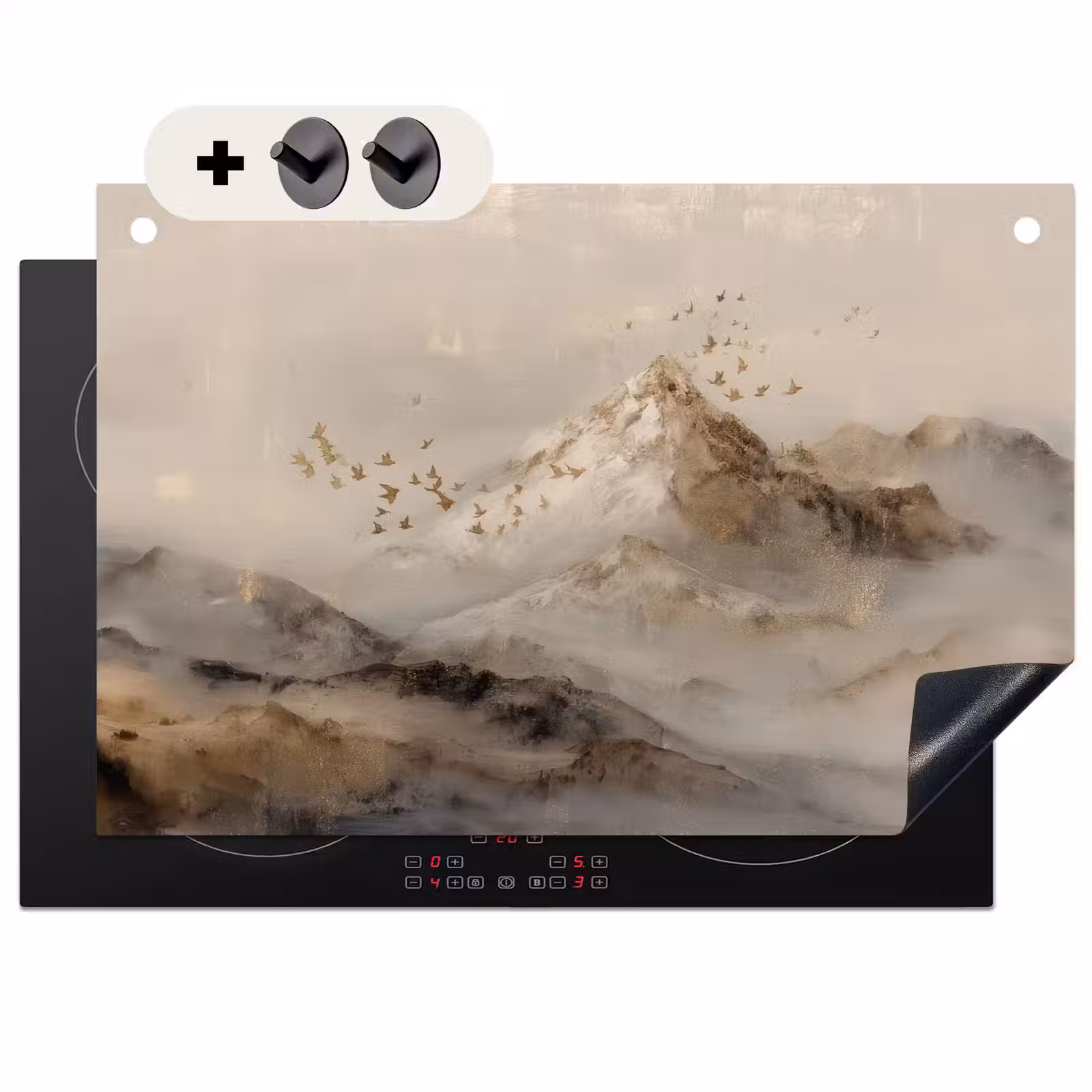 2-in-1 Herdabdeckplatte & Spritzschutz - Berglandschaft - Nebel - Pinselstriche - Berglandschap - Mist - Penseelstreken Inductie beschemer met haakjes klein