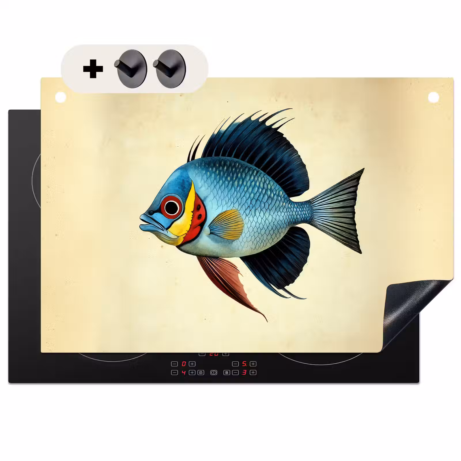 2-in-1 Herdabdeckplatte & Spritzschutz - Blau - Kiemen - Fisch - Illustration - Blauw - Kieuwen - Vis - Illustratie Inductie beschemer met haakjes klein