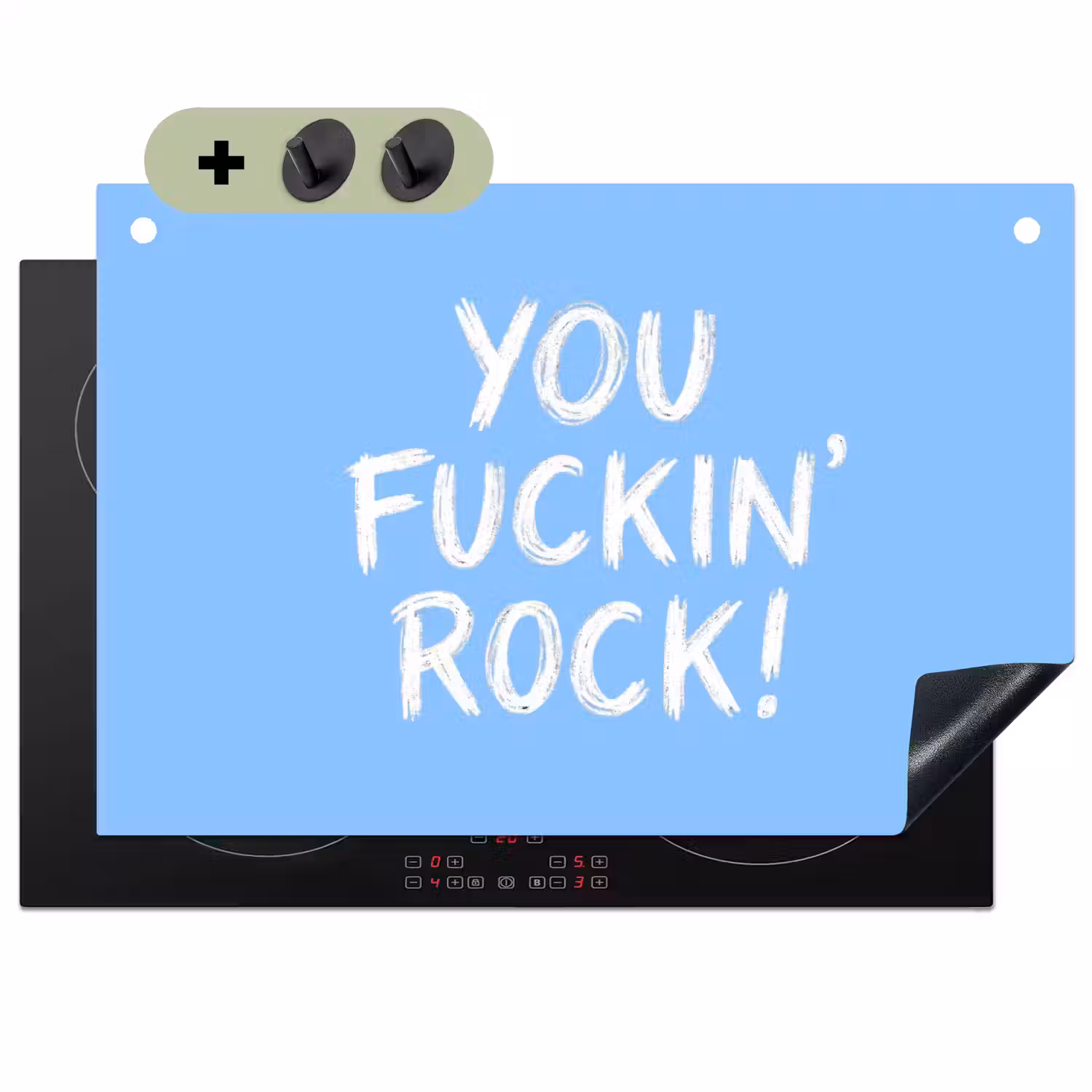 Blauw - Wit - You fuckin rock Inductie beschemer met haakjes klein -3d