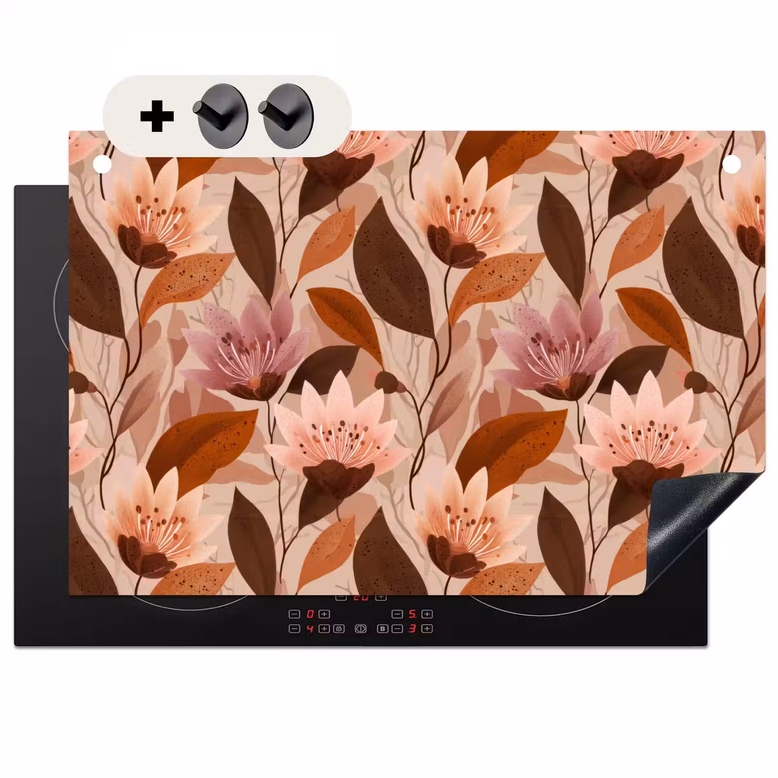2-in-1 Herdabdeckplatte & Spritzschutz - Blumen - Blätter - Braun - Bloemen - Bladeren - Bruin Inductie beschemer met haakjes klein 777