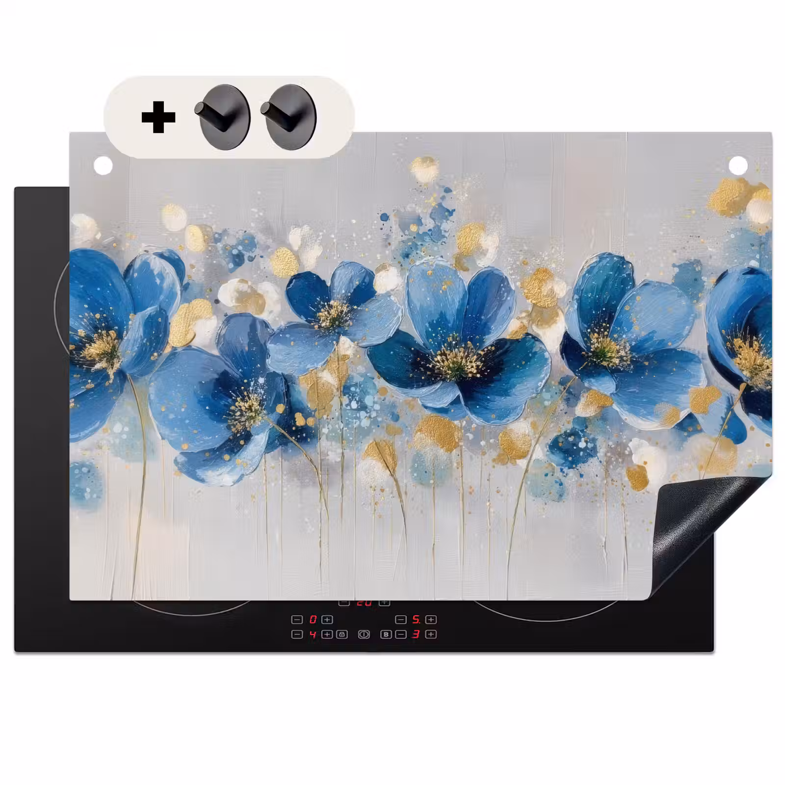 2-in-1 Herdabdeckplatte & Spritzschutz - Blumen - Blau - Abstrakt - Bloemen - Blauw - Abstract Inductie beschemer met haakjes klein