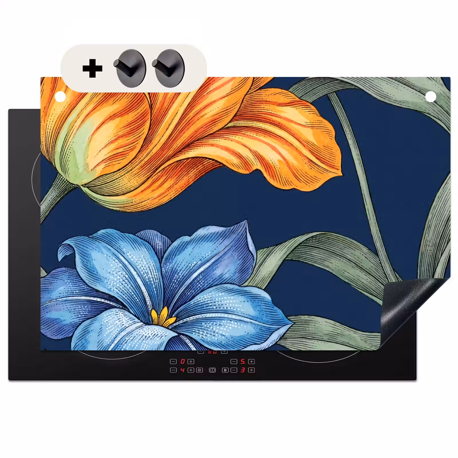 2-in-1 Herdabdeckplatte & Spritzschutz - Blumen – Botanik – Muster - Bloemen - Botanisch - Patroon Inductie beschemer met haakjes klein