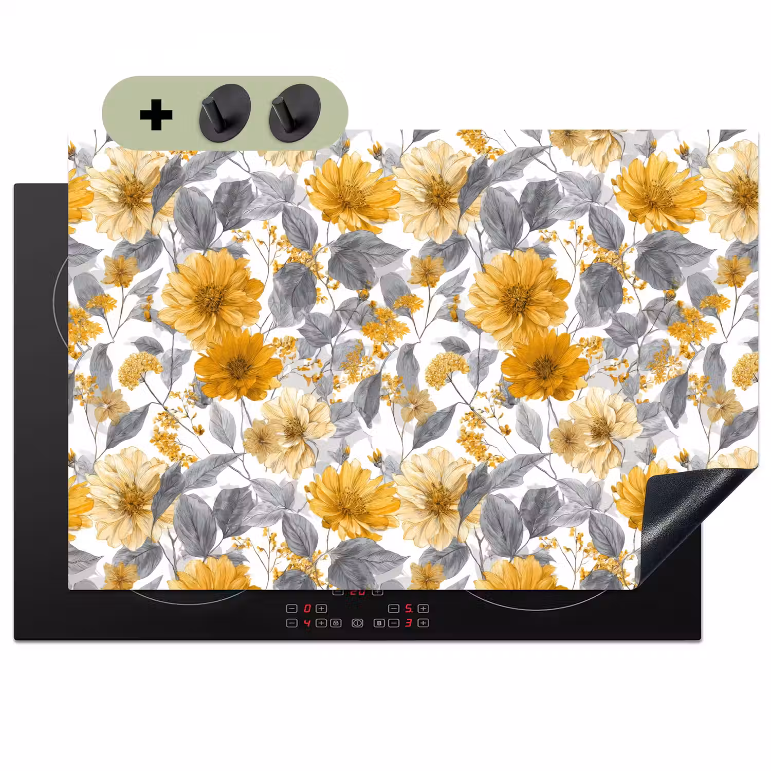 Bloemen - Botanisch - Elegant - Okergeel - Grijs Inductie beschemer met haakjes klein 777 -3d
