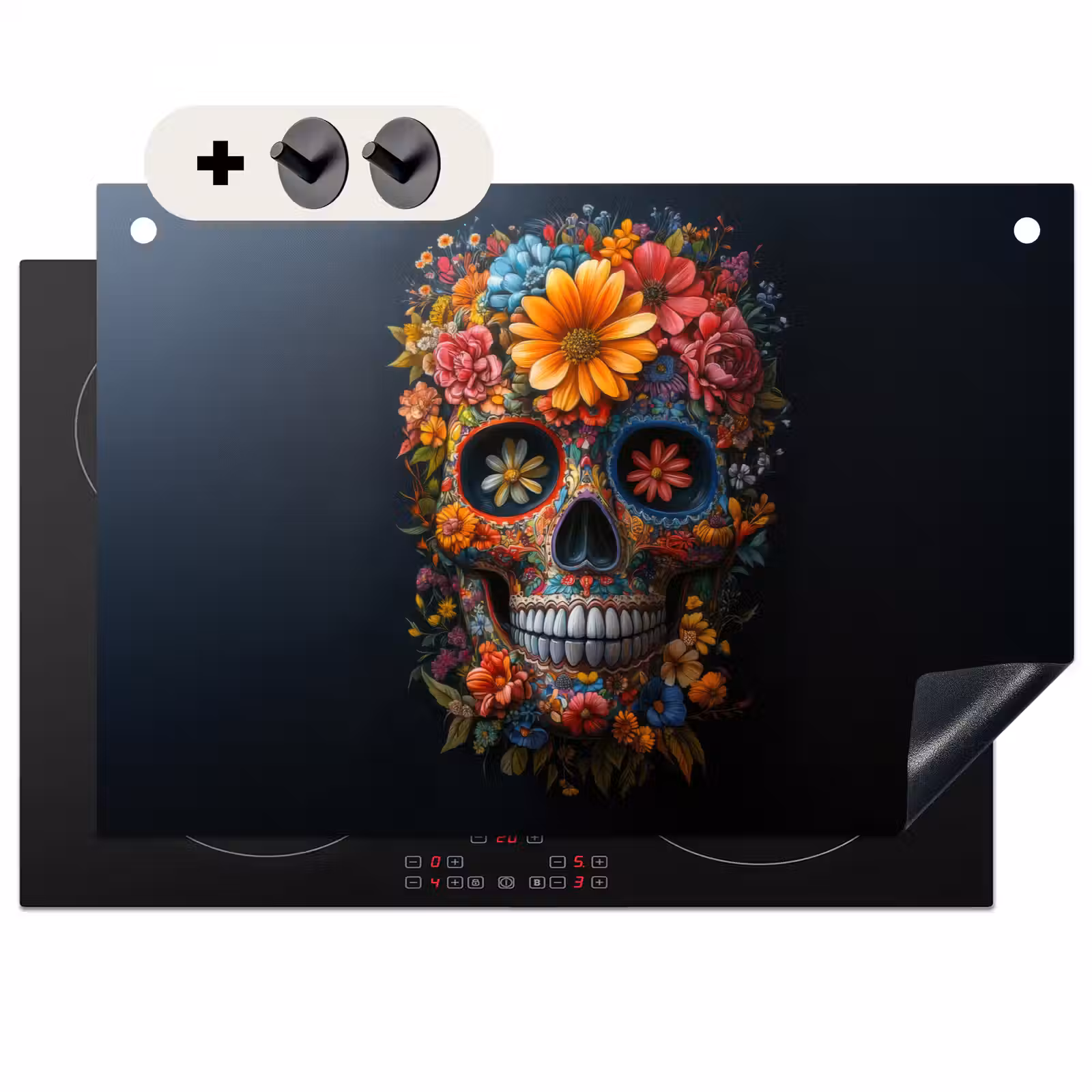 2-in-1 Herdabdeckplatte & Spritzschutz - Blumen - Bunt - Totenkopf - Bloemen - Kleurrijk - Schedel Inductie beschemer met haakjes klein