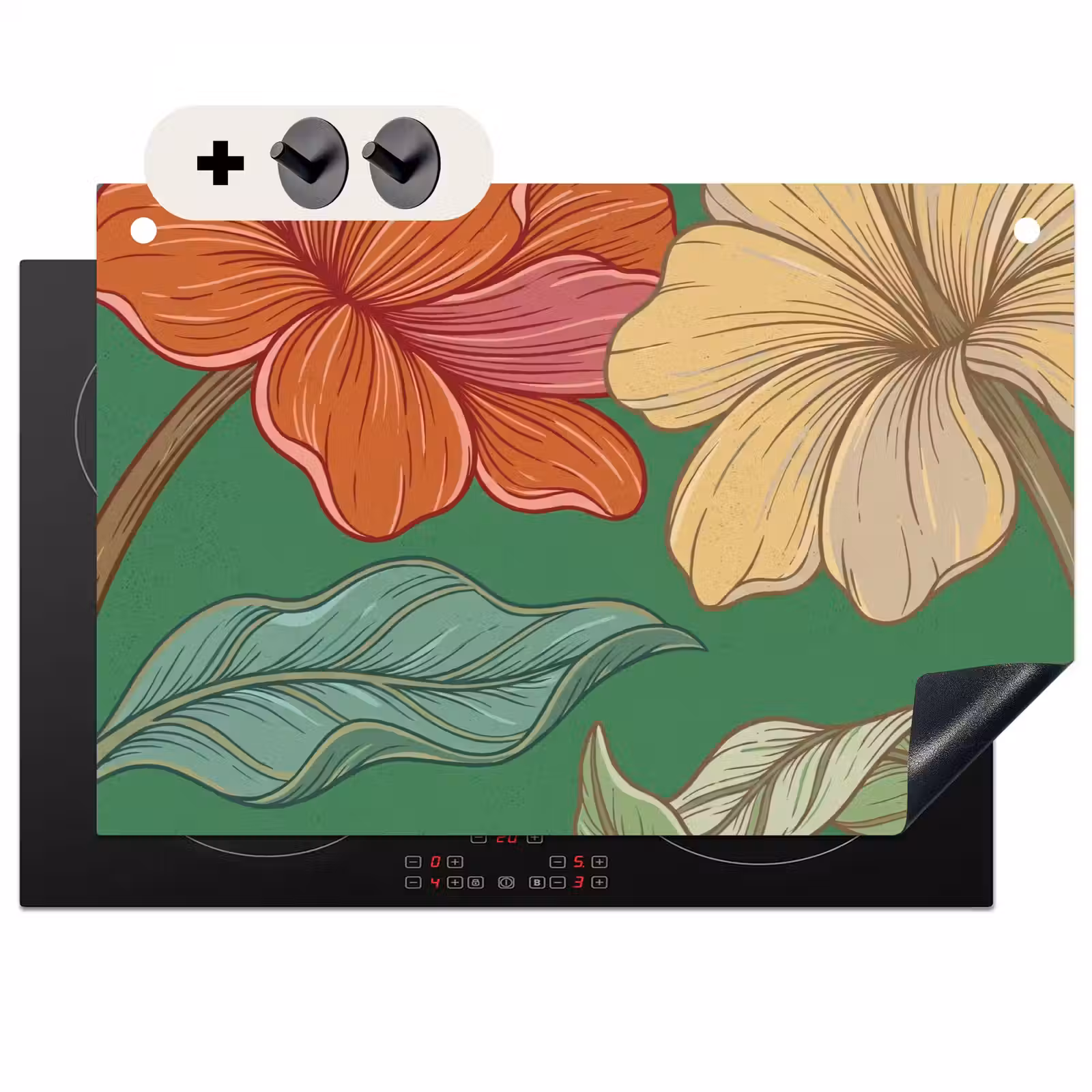 2-in-1 Herdabdeckplatte & Spritzschutz - Blumen – Grün – Illustration - Bloemen - Groen - Illustratie Inductie beschemer met haakjes klein
