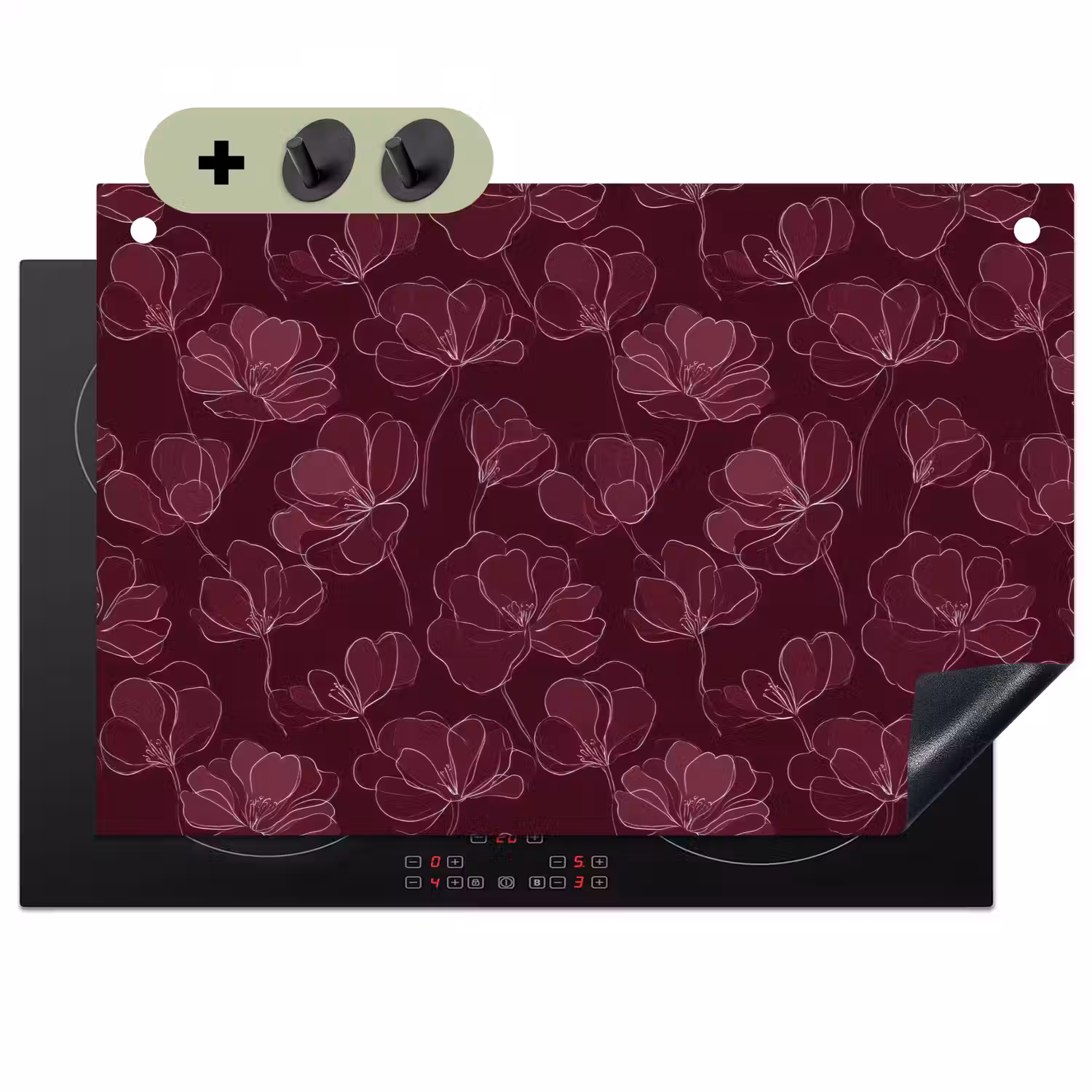 Bloemen - Patroon - Bordeauxrood Inductie beschemer met haakjes klein 777 -3d