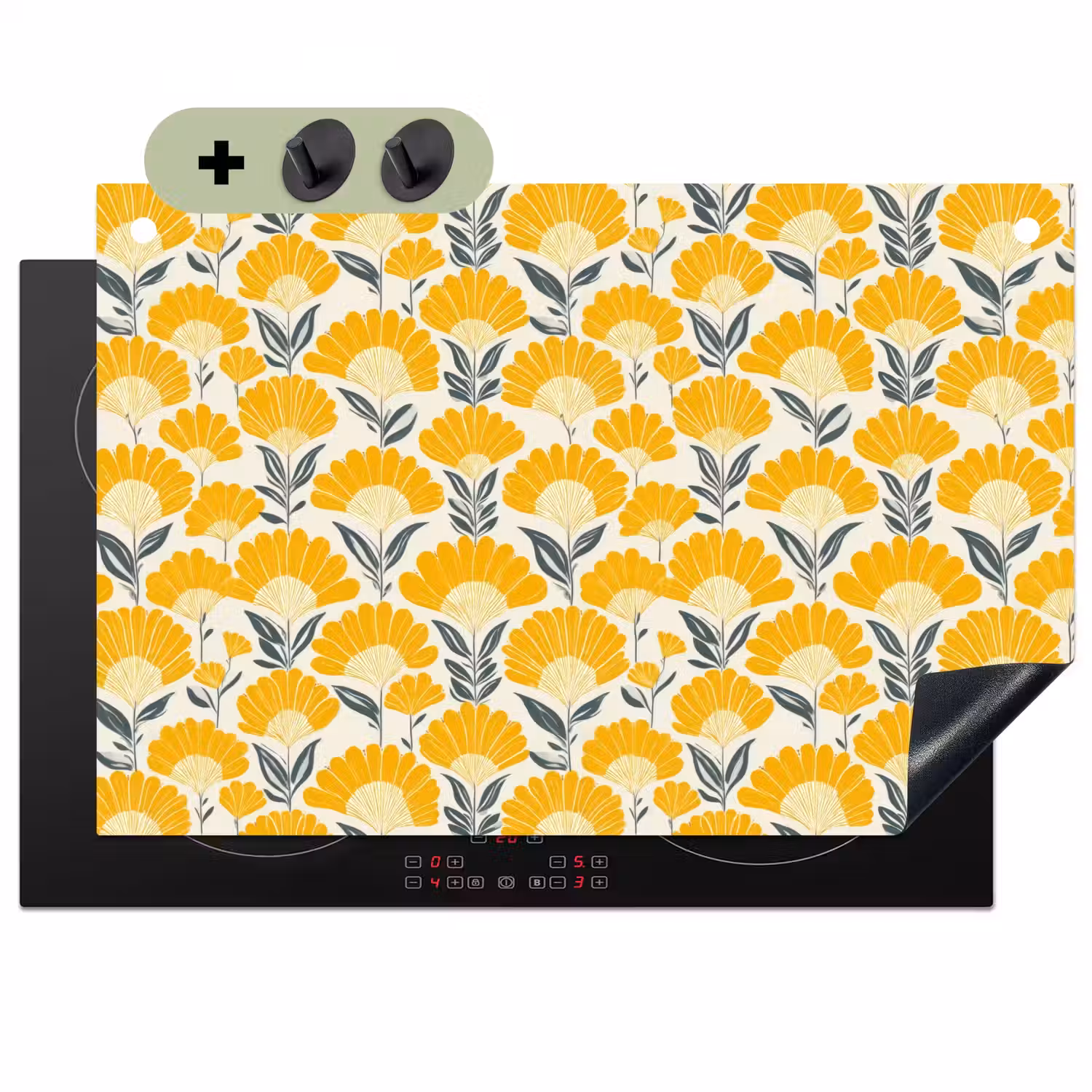 Bloemen - Retro - Botanisch - Okergeel - Grijs Inductie beschemer met haakjes klein 777 -3d