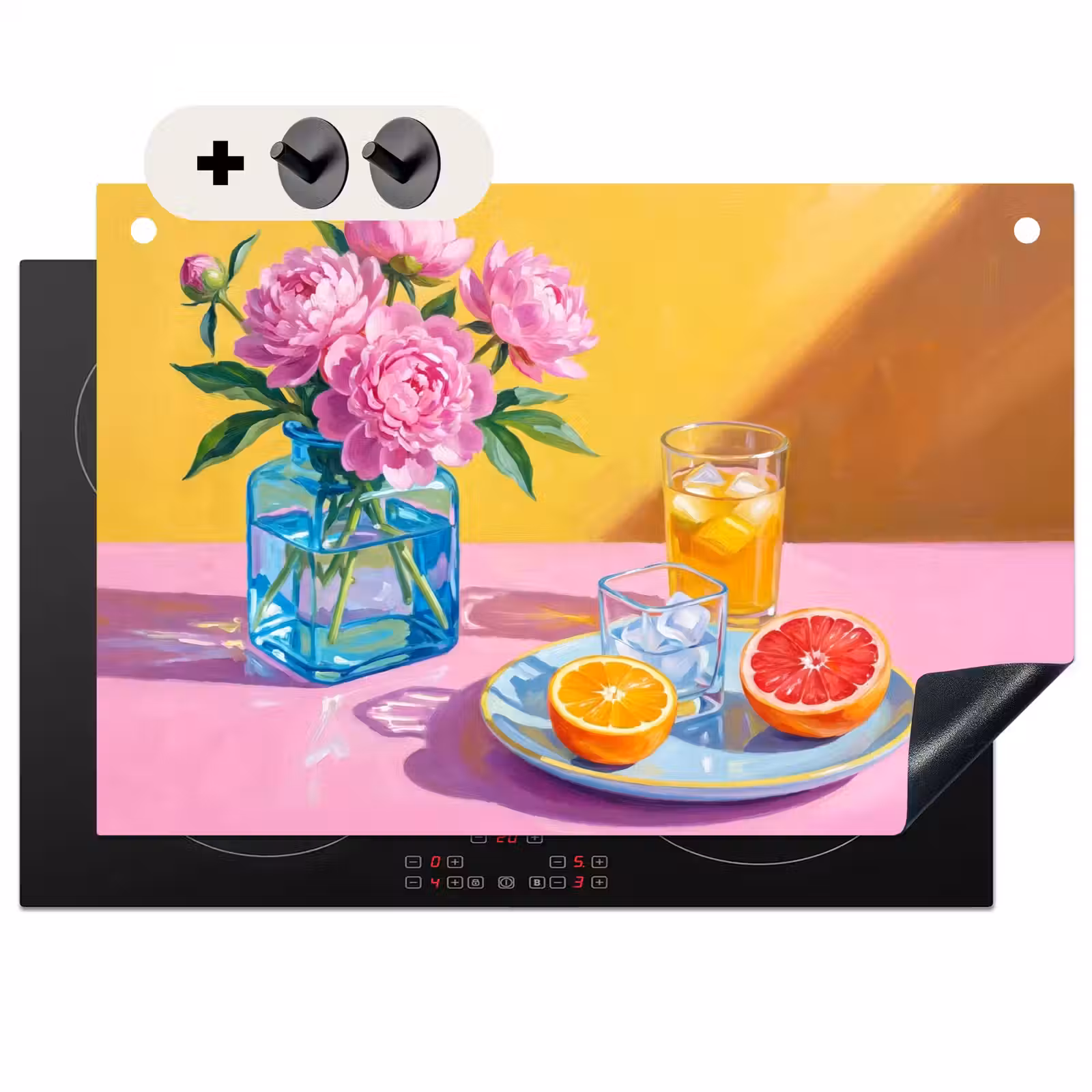 2-in-1 Herdabdeckplatte & Spritzschutz - Blumen – Rosa – Modern - Bloemen - Roze - Modern Inductie beschemer met haakjes klein