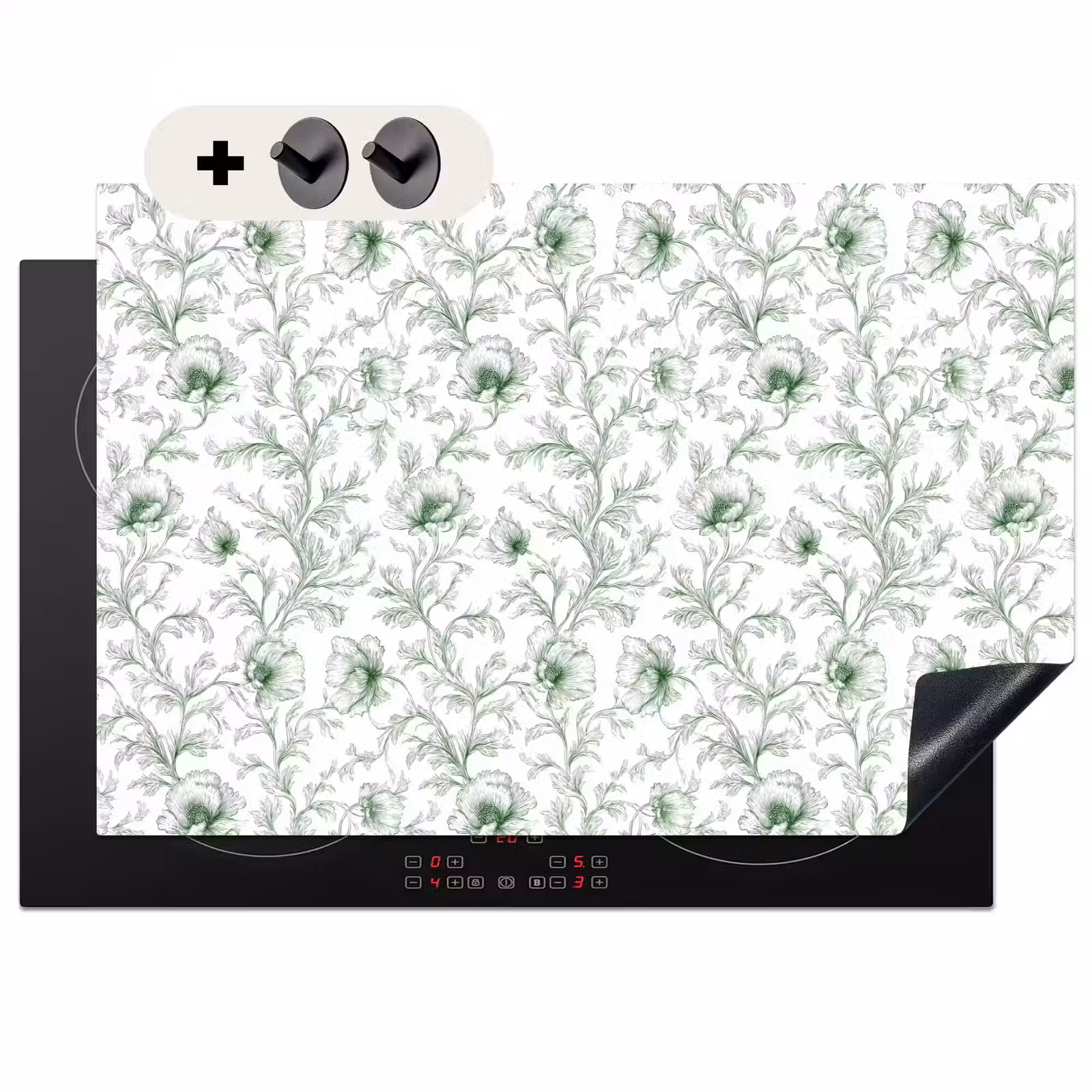 2-in-1 Herdabdeckplatte & Spritzschutz - Blumen - Signiert - Grün - Bloemen - Getekend - Groen Inductie beschemer met haakjes klein 777