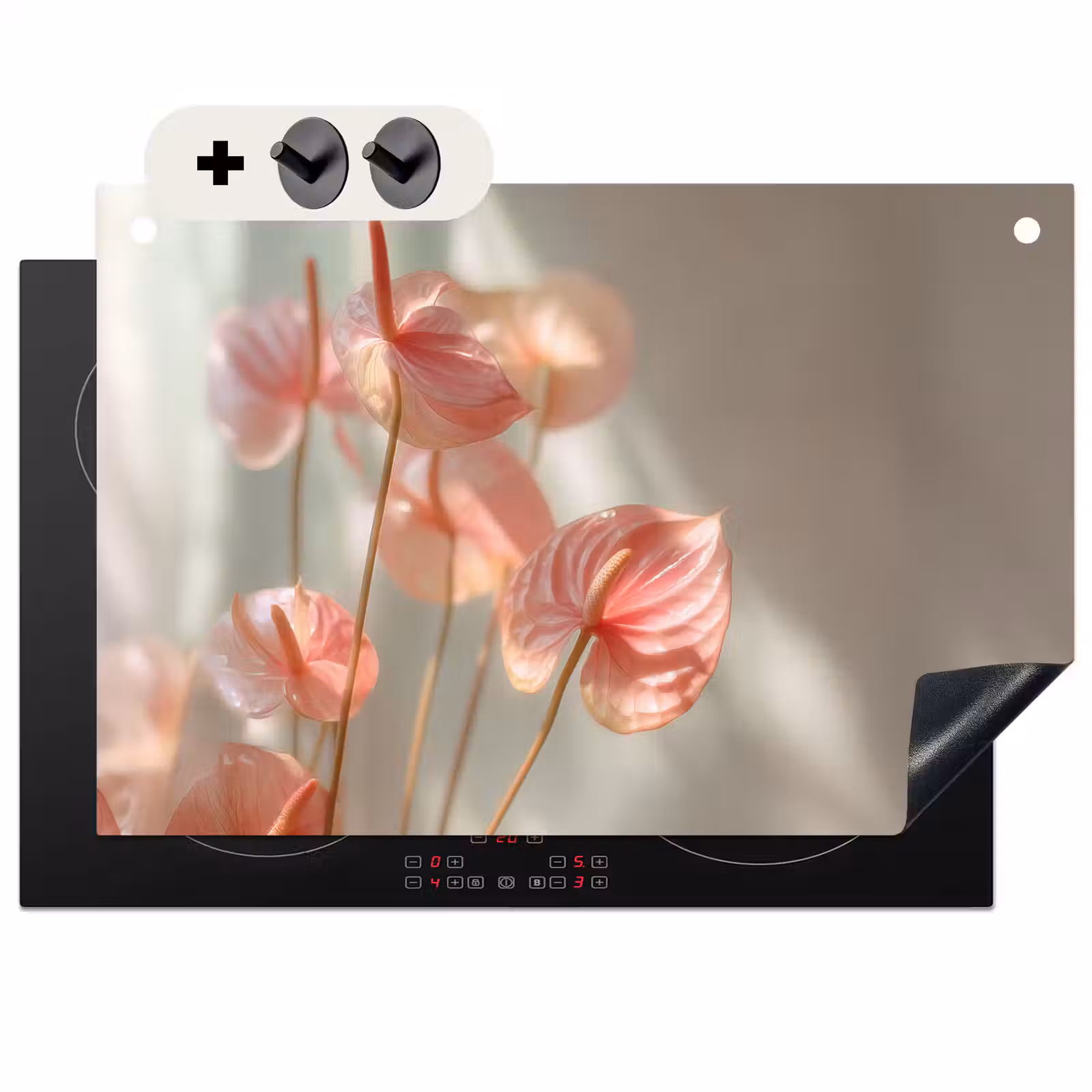 2-in-1 Herdabdeckplatte & Spritzschutz - Blumen - Stiele - Rosa - Schatten - Bloemen - Stelen - Roze - Schaduw Inductie beschemer met haakjes klein