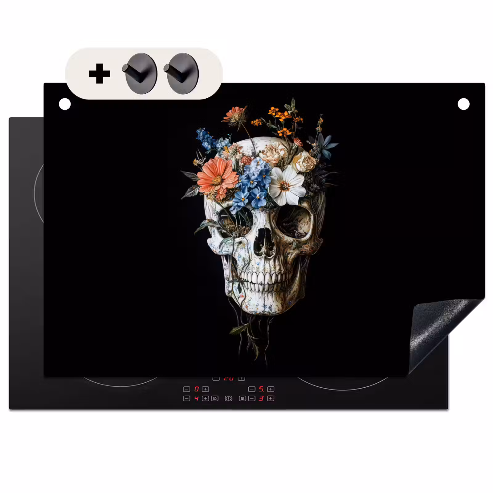 2-in-1 Herdabdeckplatte & Spritzschutz - Blumen - Totenkopf - Farbenfroh - Bloemen - Schedel - Kleurrijk Inductie beschemer met haakjes klein