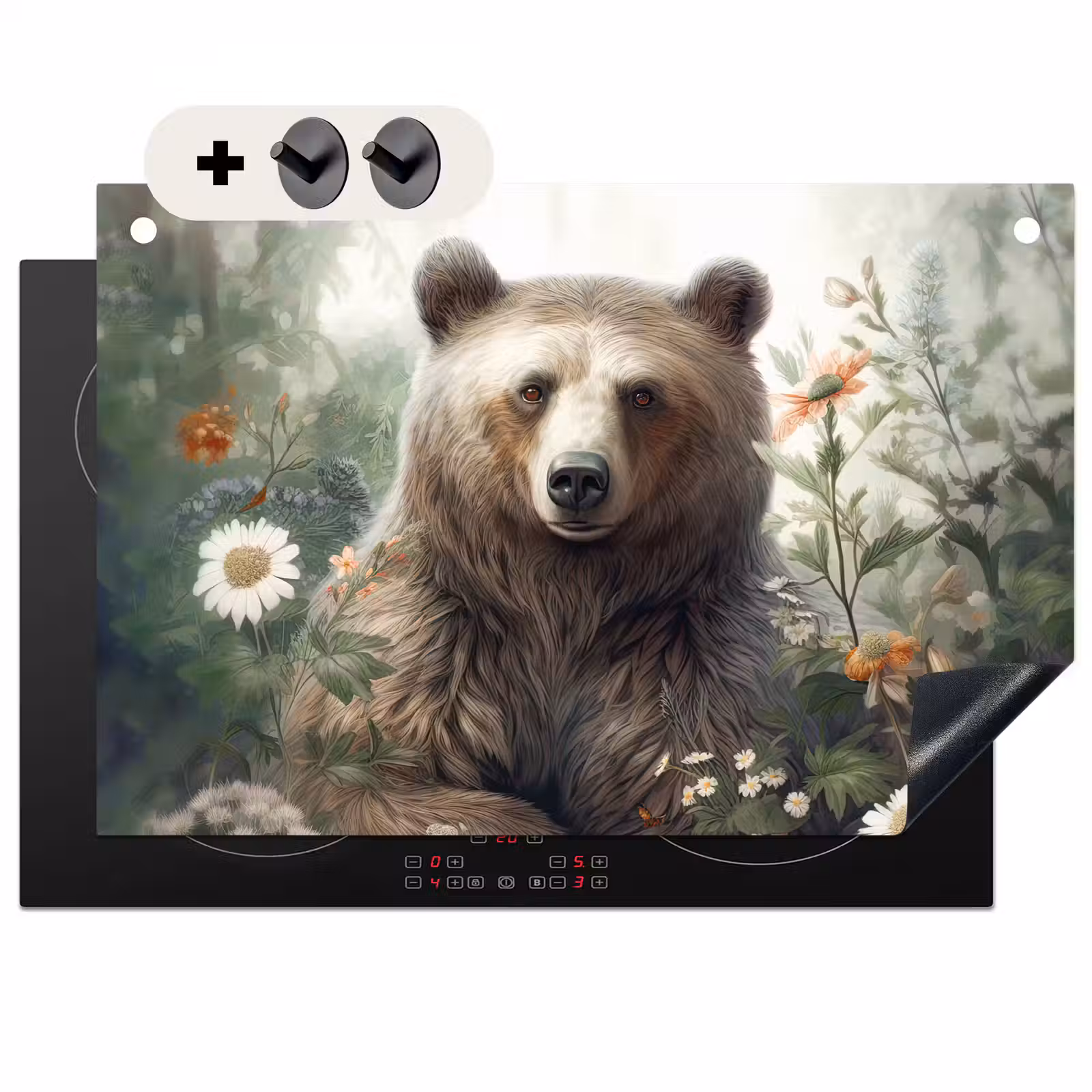 2-in-1 Herdabdeckplatte & Spritzschutz - Braunbär - Wildtiere - Blumen - Pflanzen - Bruine beer - Wilde dieren - Bloemen - Planten Inductie beschemer met haakjes klein