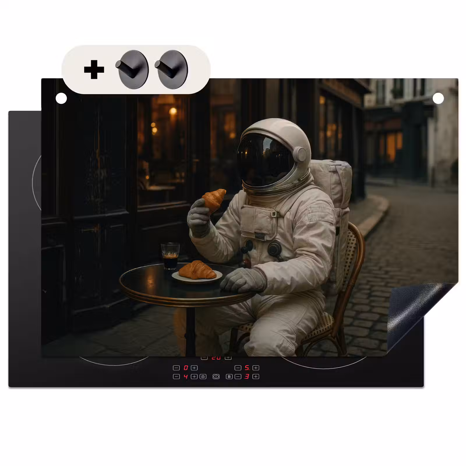 2-in-1 Herdabdeckplatte & Spritzschutz - Café - Croissant - Kaffee - Astronaut - Café - Croissant - Koffie - Astronaut Inductie beschemer met haakjes klein