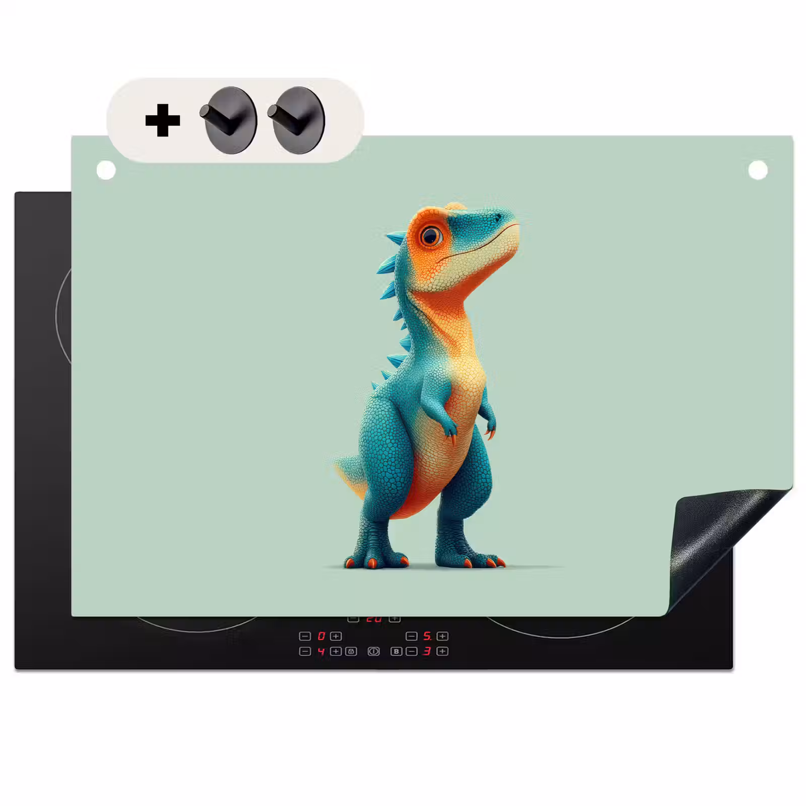 2-in-1 Herdabdeckplatte & Spritzschutz - Cartoon - Dino - Orange - Kegelspiel - Cartoon - Dino - Oranje - Stekels Inductie beschemer met haakjes klein