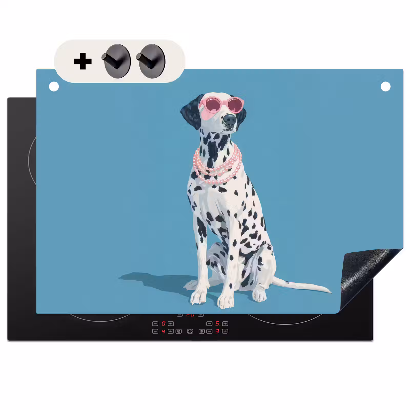 2-in-1 Herdabdeckplatte & Spritzschutz - Dalmatiner - Sonnenbrille - Blau - Dalmatiër - Zonnebril - Blauw Inductie beschemer met haakjes klein