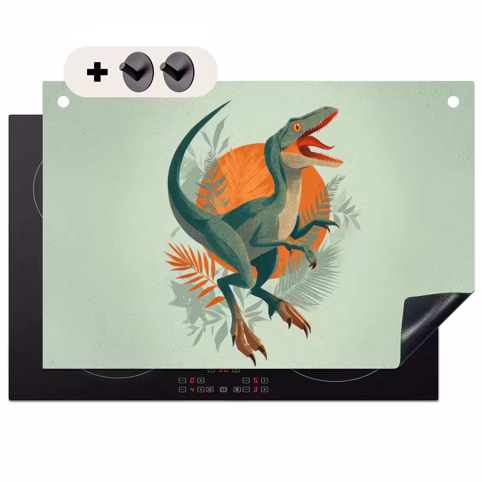 2-in-1 Herdabdeckplatte & Spritzschutz - Dino - Blätter - Grafik - Grün - Dino - Bladeren - Grafisch - Groen Inductie beschemer met haakjes klein