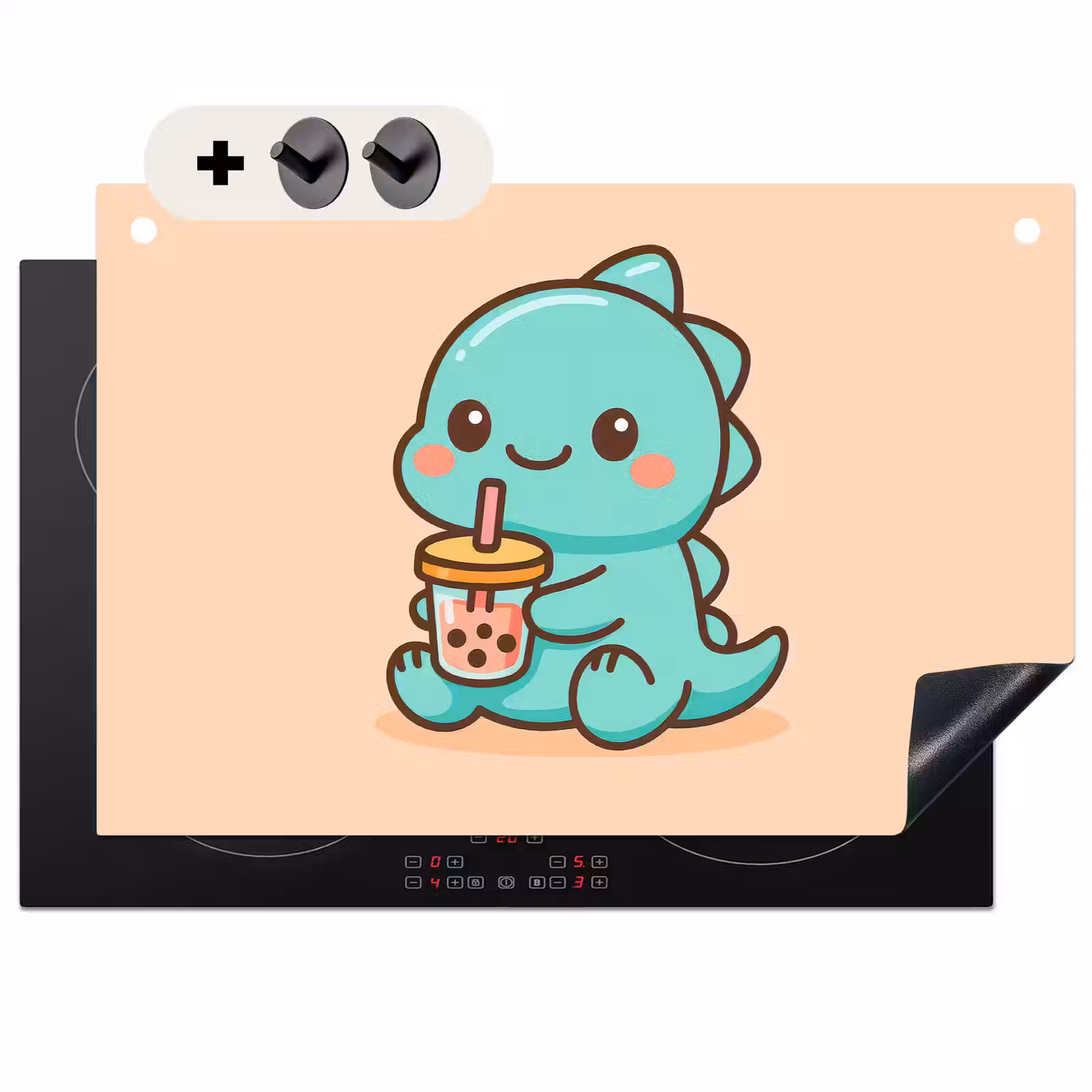2-in-1 Herdabdeckplatte & Spritzschutz - Dino - Boba - kawaii - Orange — 1