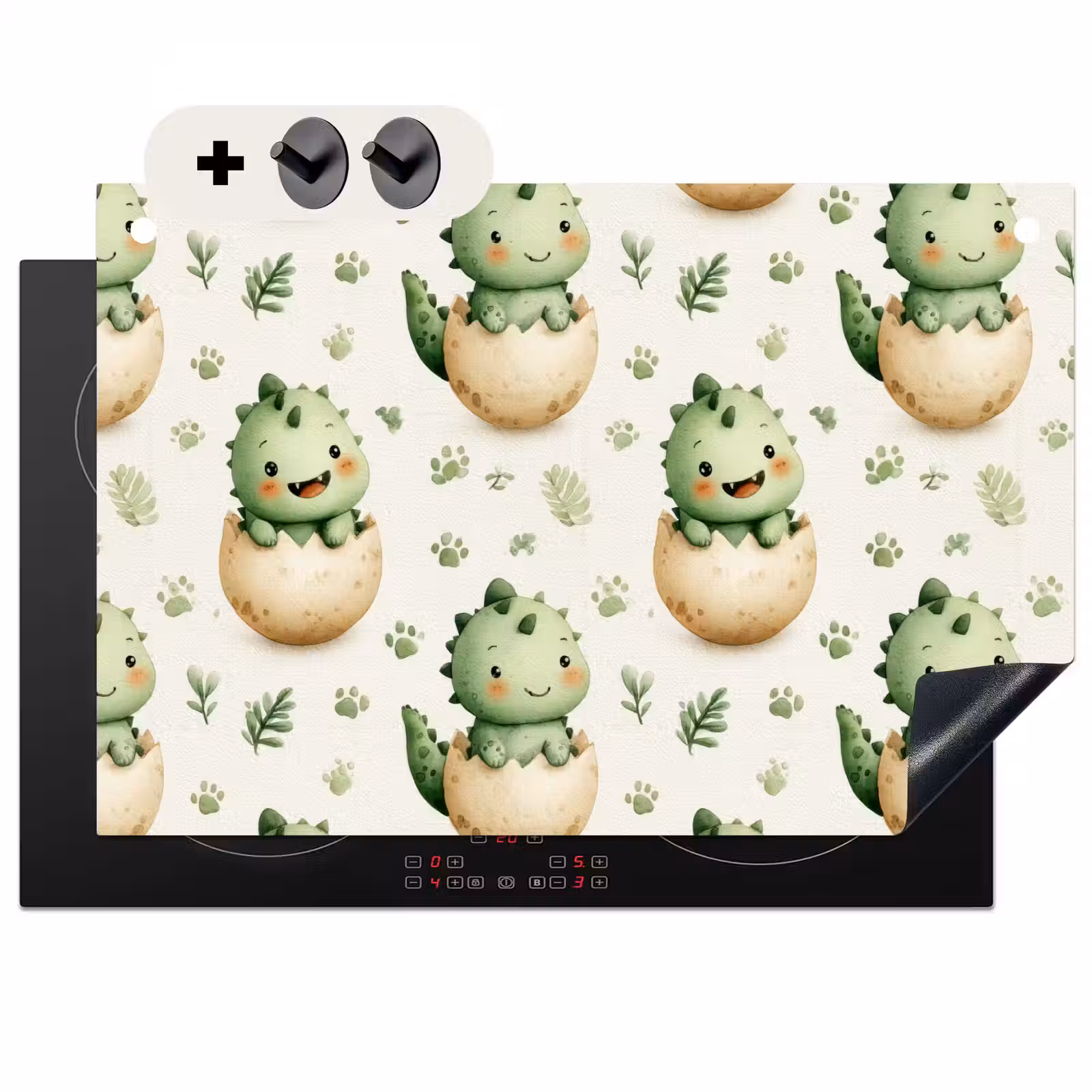 2-in-1 Herdabdeckplatte & Spritzschutz - Dino - Eier - Grün - Dino - Eieren - Groen Inductie beschemer met haakjes klein 777