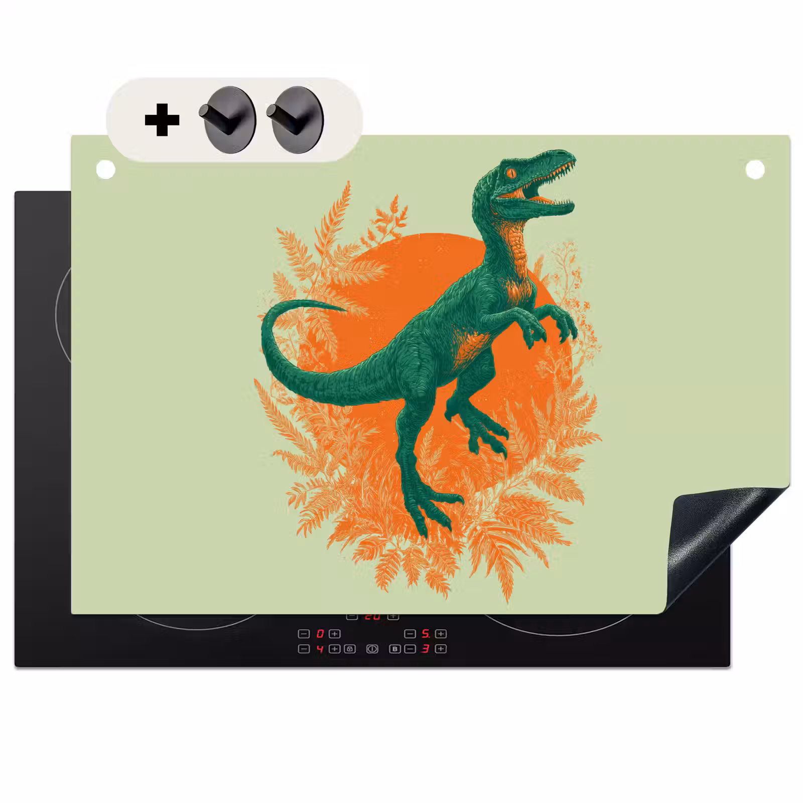 2-in-1 Herdabdeckplatte & Spritzschutz - Dinosaurier - Grün - Pflanzen - Kreis - Dinosaurus - Groen - Planten - Cirkel Inductie beschemer met haakjes klein