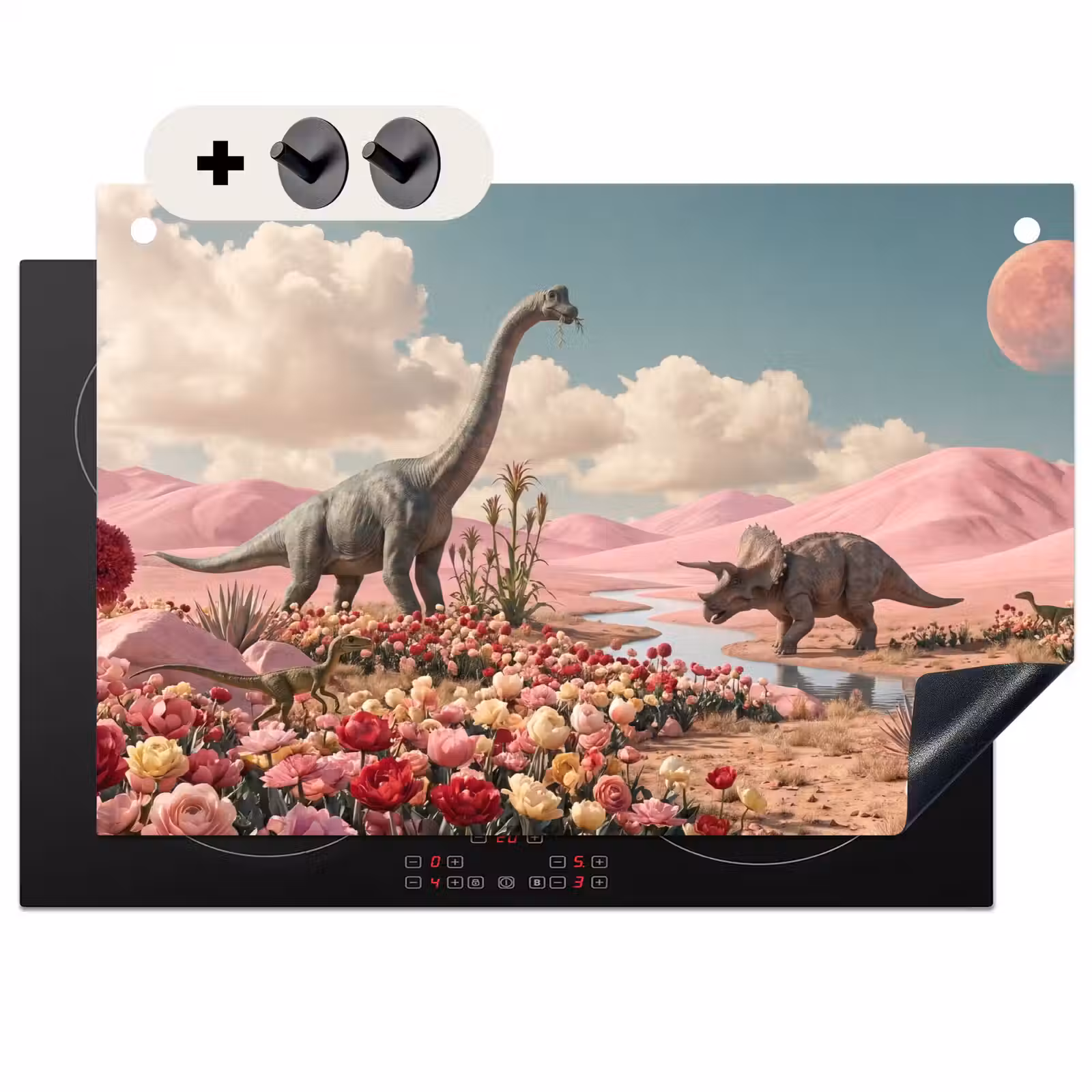 2-in-1 Herdabdeckplatte & Spritzschutz - Dinosaurier – Rosa – Landschaft - Dinosaurus - Roze - Landschap Inductie beschemer met haakjes klein