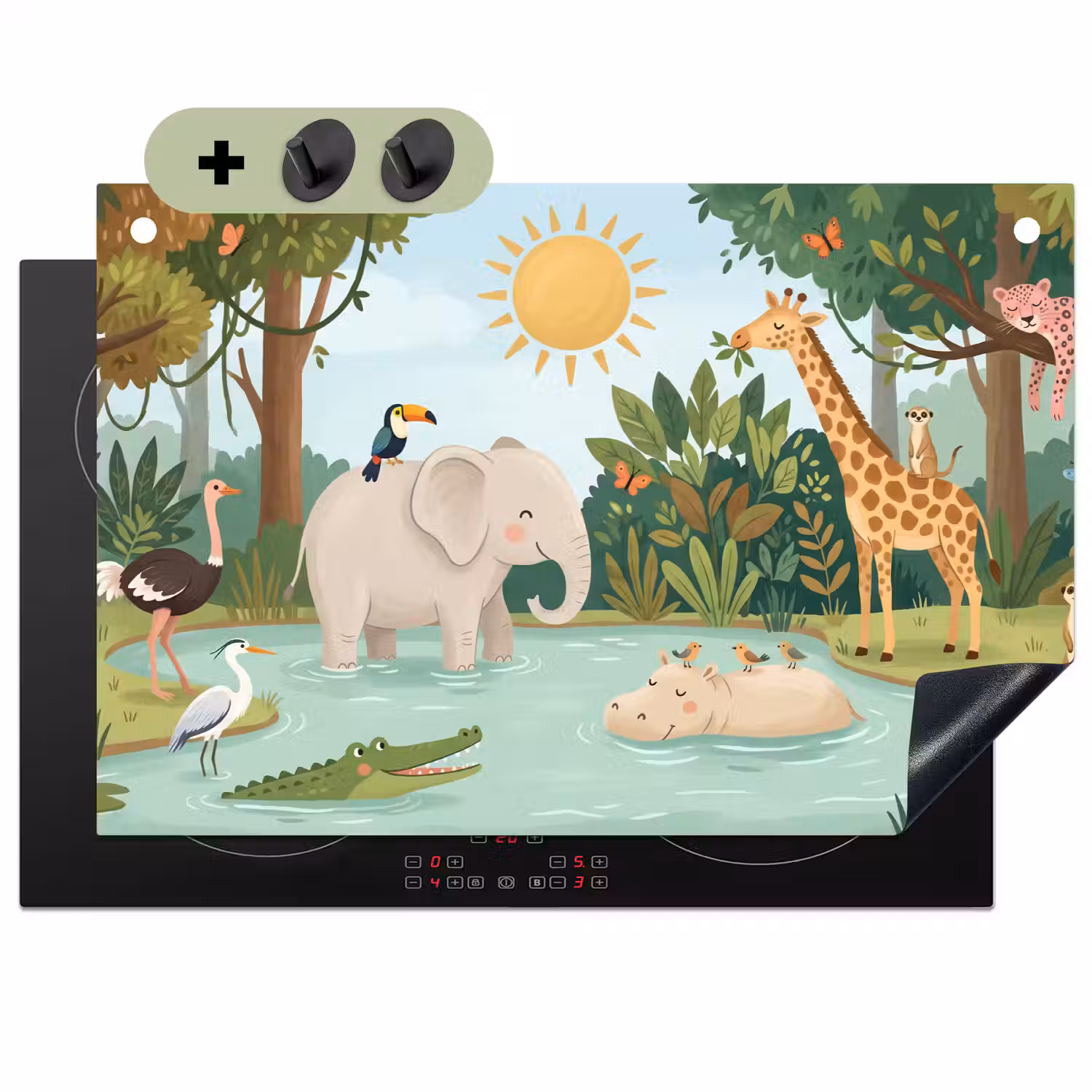 Jungle - Oase - Dieren - Kleurrijk Inductie beschemer met haakjes klein -3d