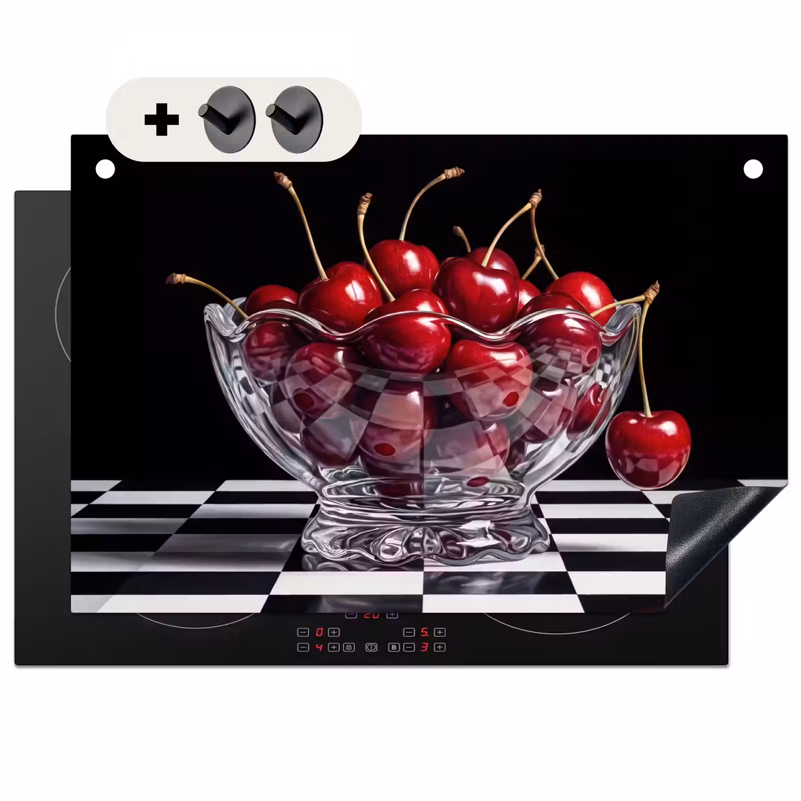 2-in-1 Herdabdeckplatte & Spritzschutz - Essen – Kirschen – Rot - Eten - Kersen - Rood Inductie beschemer met haakjes klein