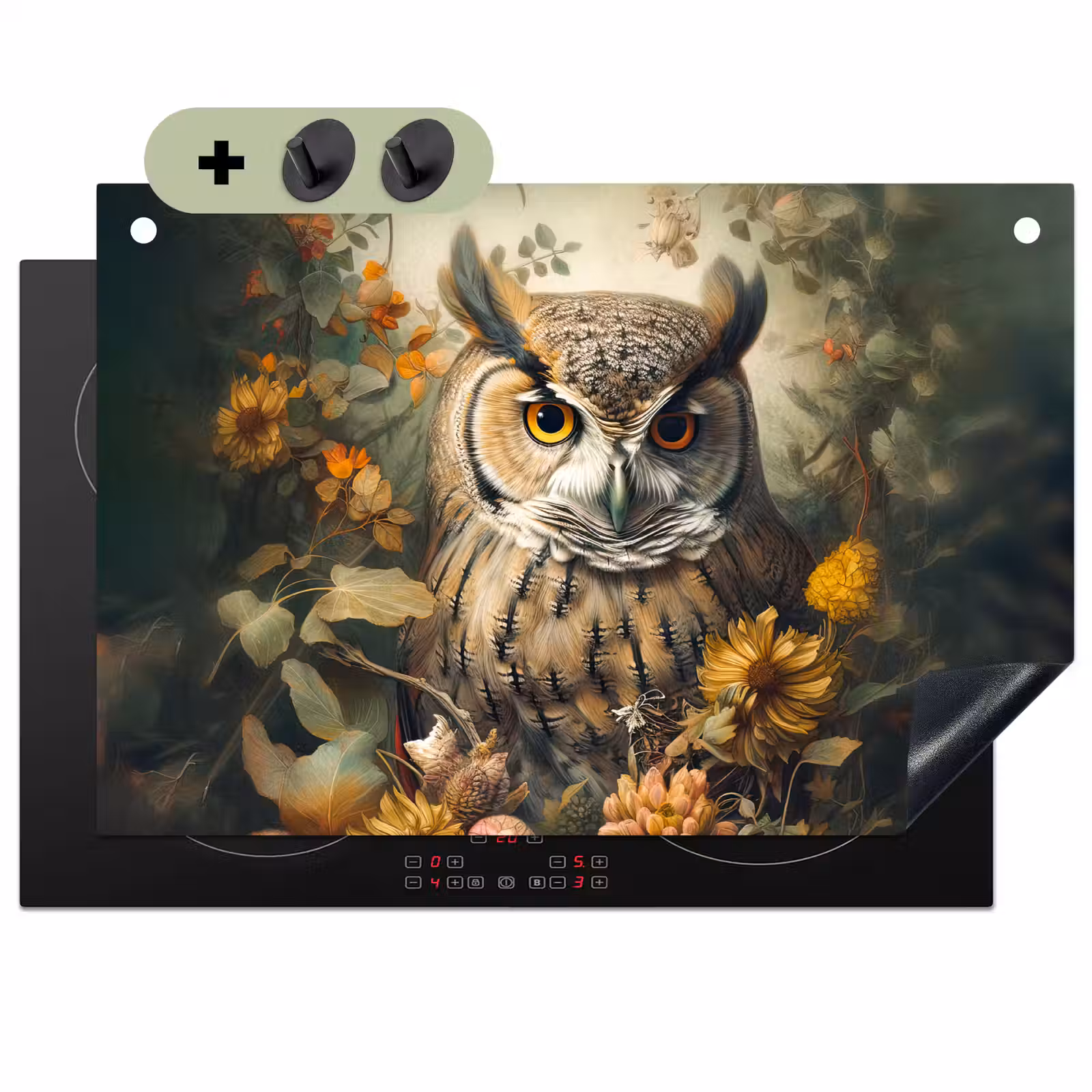 2-in-1 Herdabdeckplatte & Spritzschutz - Eule - Vögel - Blumen - Natur - Uil - Vogels - Bloemen - Natuur Inductie beschemer met haakjes klein