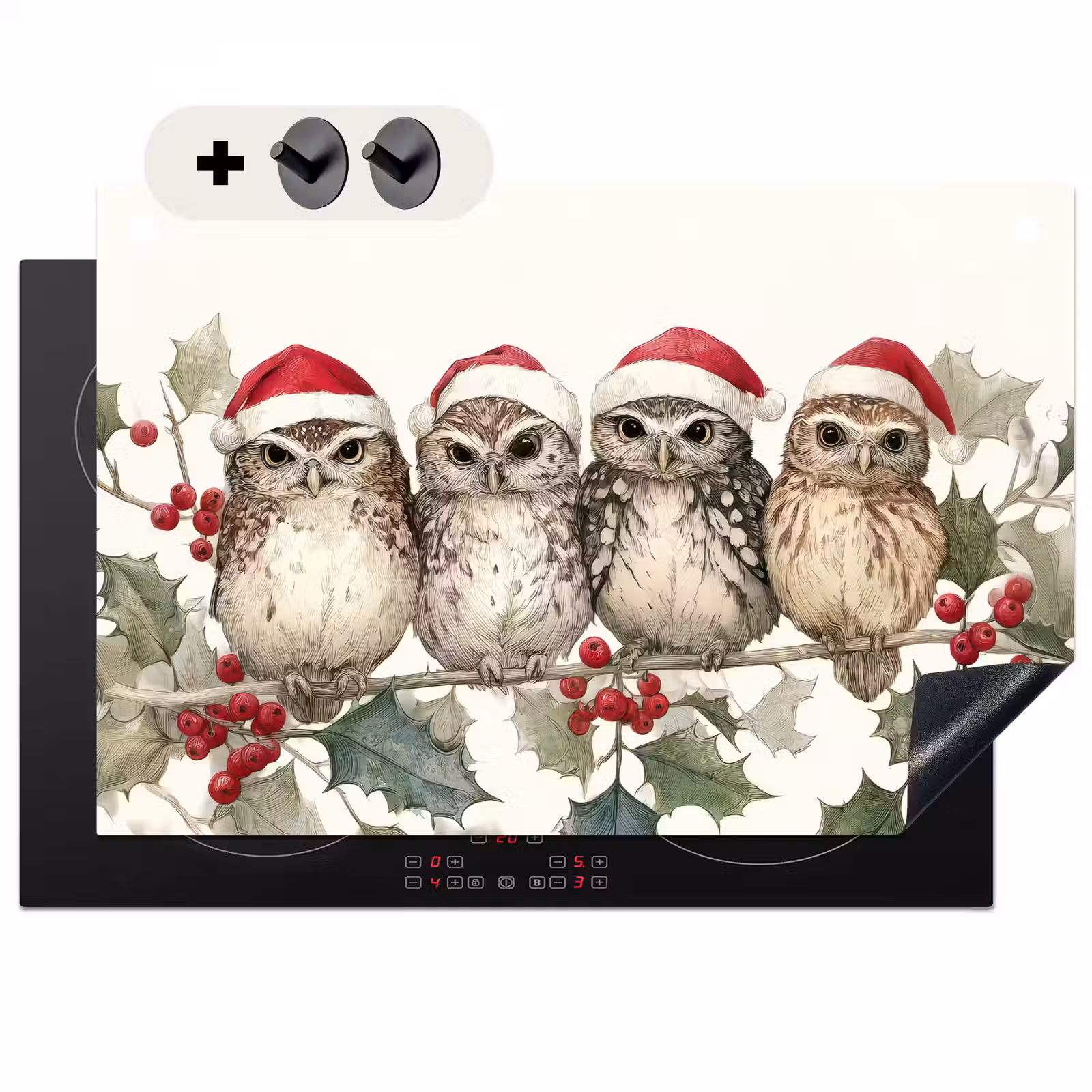 2-in-1 Herdabdeckplatte & Spritzschutz - Eulen - Zweig - Stechpalmenblätter - Weihnachtsmannmütze — 1