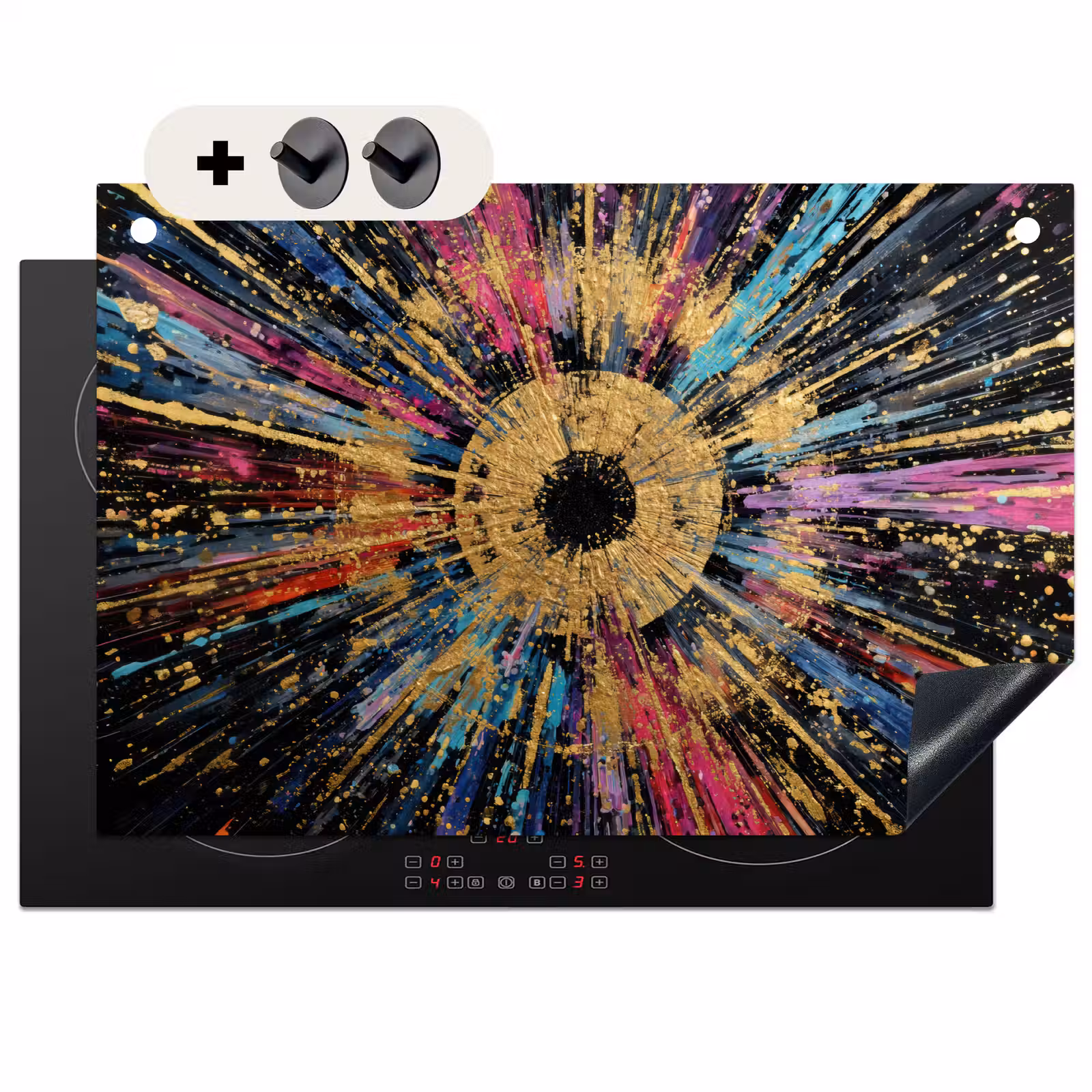 2-in-1 Herdabdeckplatte & Spritzschutz - Explosion - Gold - Bunt - Abstrakt - Explosie - Goud - Kleurrijk - Abstract Inductie beschemer met haakjes klein