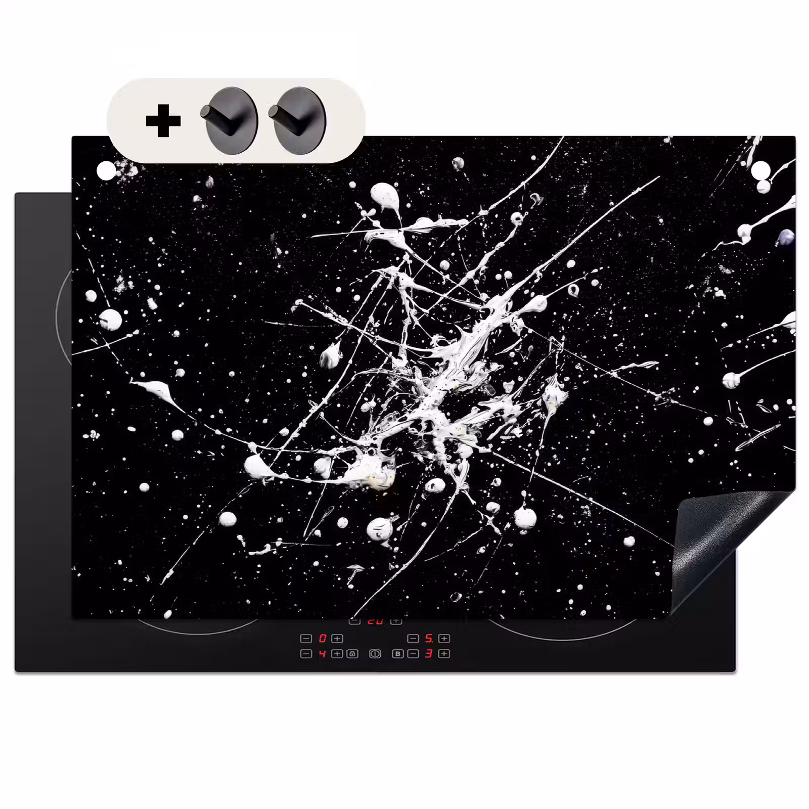 2-in-1 Herdabdeckplatte & Spritzschutz - Farbspritzer - Weiß - Abstrakt - Explosion - Verfspatten - Wit - Abstract - Explosie Inductie beschemer met haakjes klein
