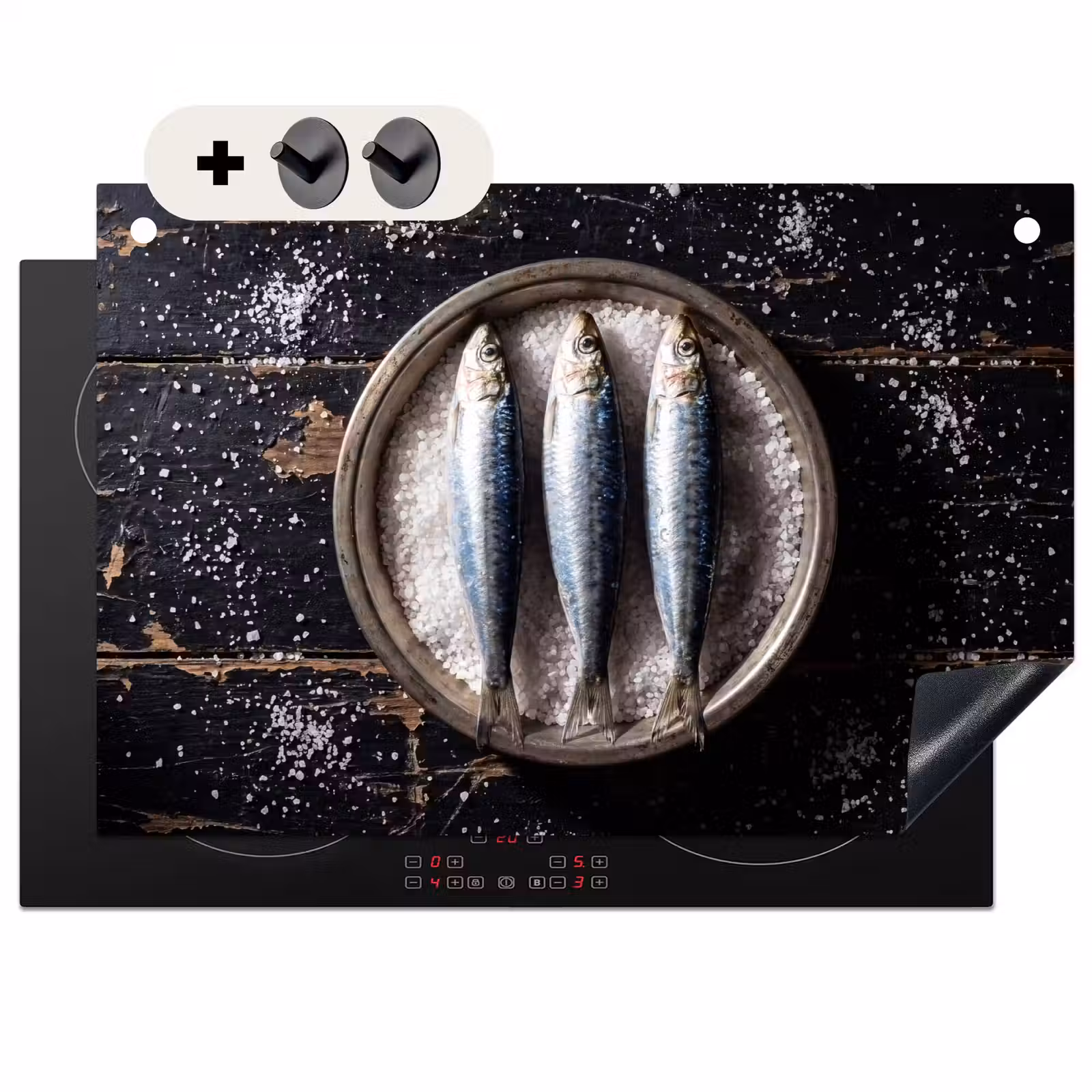 2-in-1 Herdabdeckplatte & Spritzschutz - Fisch – Salz – Essen - Vis - Zout - Eten Inductie beschemer met haakjes klein