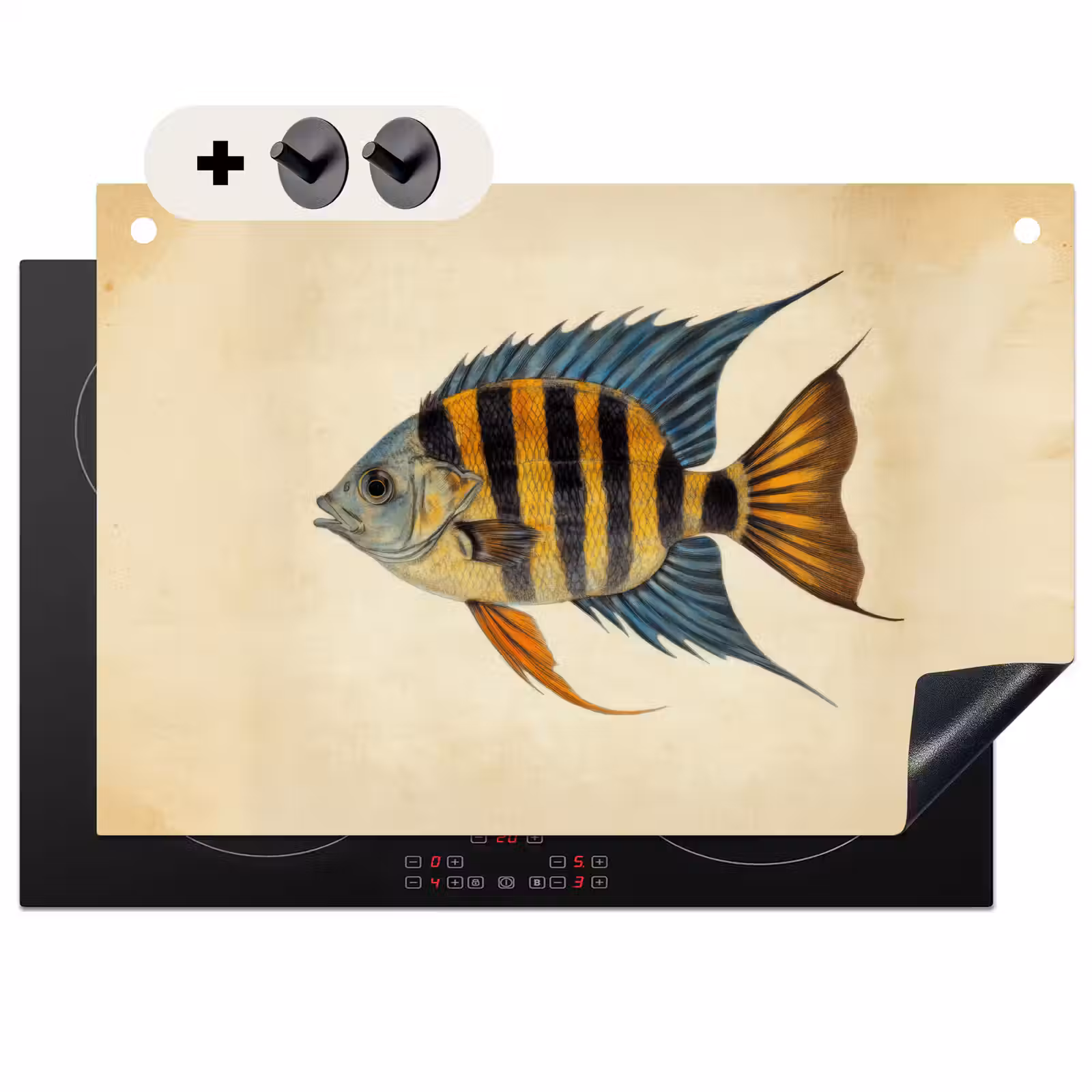 2-in-1 Herdabdeckplatte & Spritzschutz - Fische - Tropisch - Streifen - Flossen - Vis - Tropisch - Strepen - Vinnen Inductie beschemer met haakjes klein