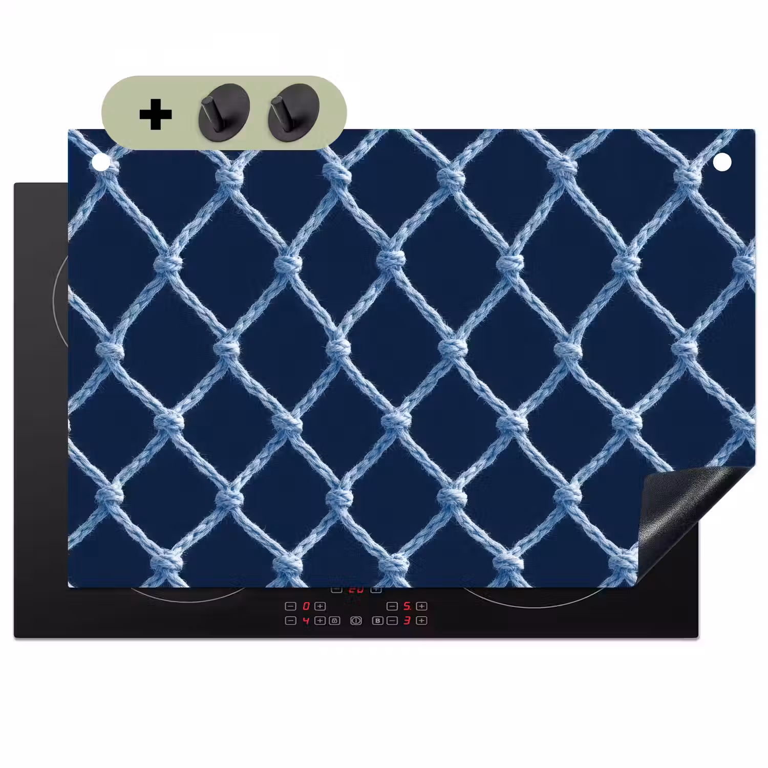 Visnet - Touw - Patroon - Marineblauw Inductie beschemer met haakjes klein 777 -3d