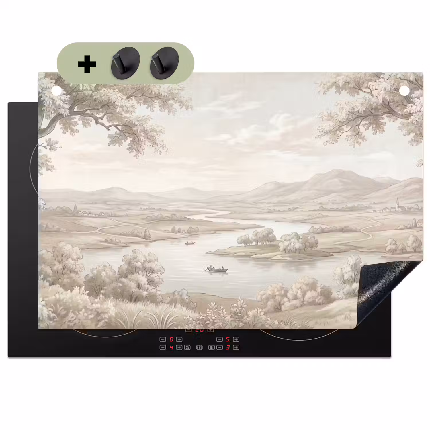 Rivierlandschap - Bergen - Natuur - Vintage - Beige Inductie beschemer met haakjes klein -3d